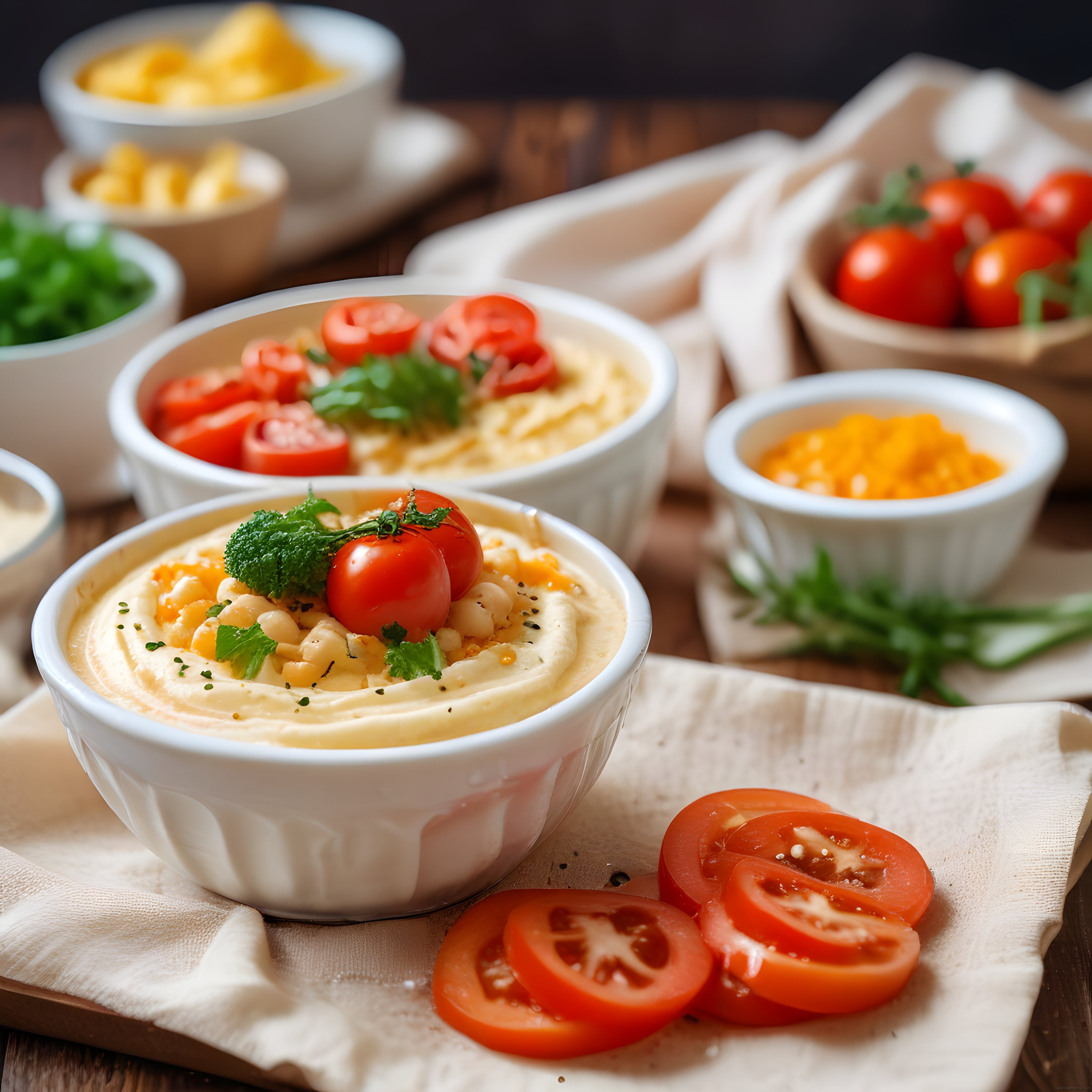 Ahşap Masada Taze Domates ve Yeşillikle Süslenmiş Ev Yapımı Humus Kasesi