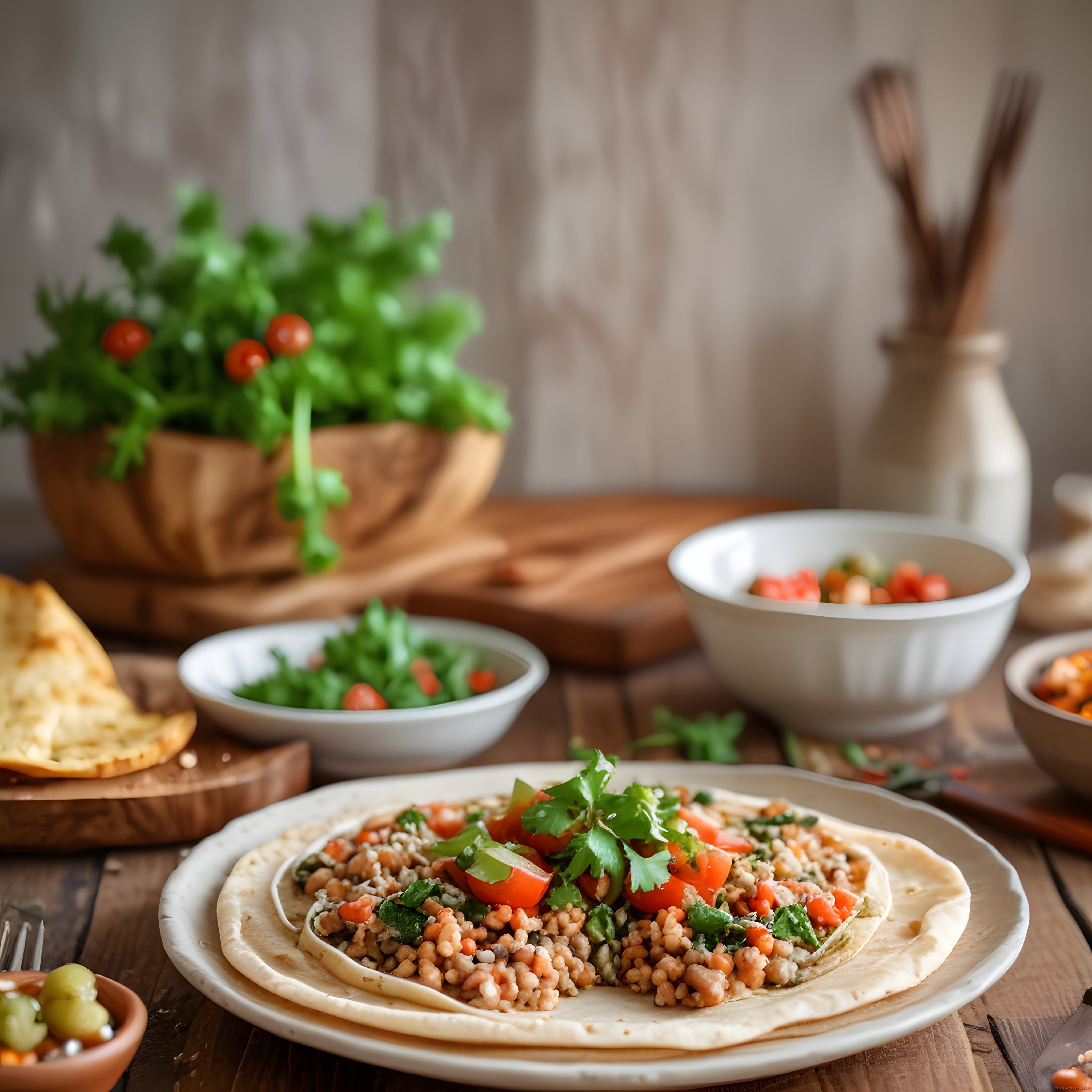Ahşap Masada Taze Domates ve Yeşillikli Bakliyatlı Ev Yapımı Wrap Tabağı