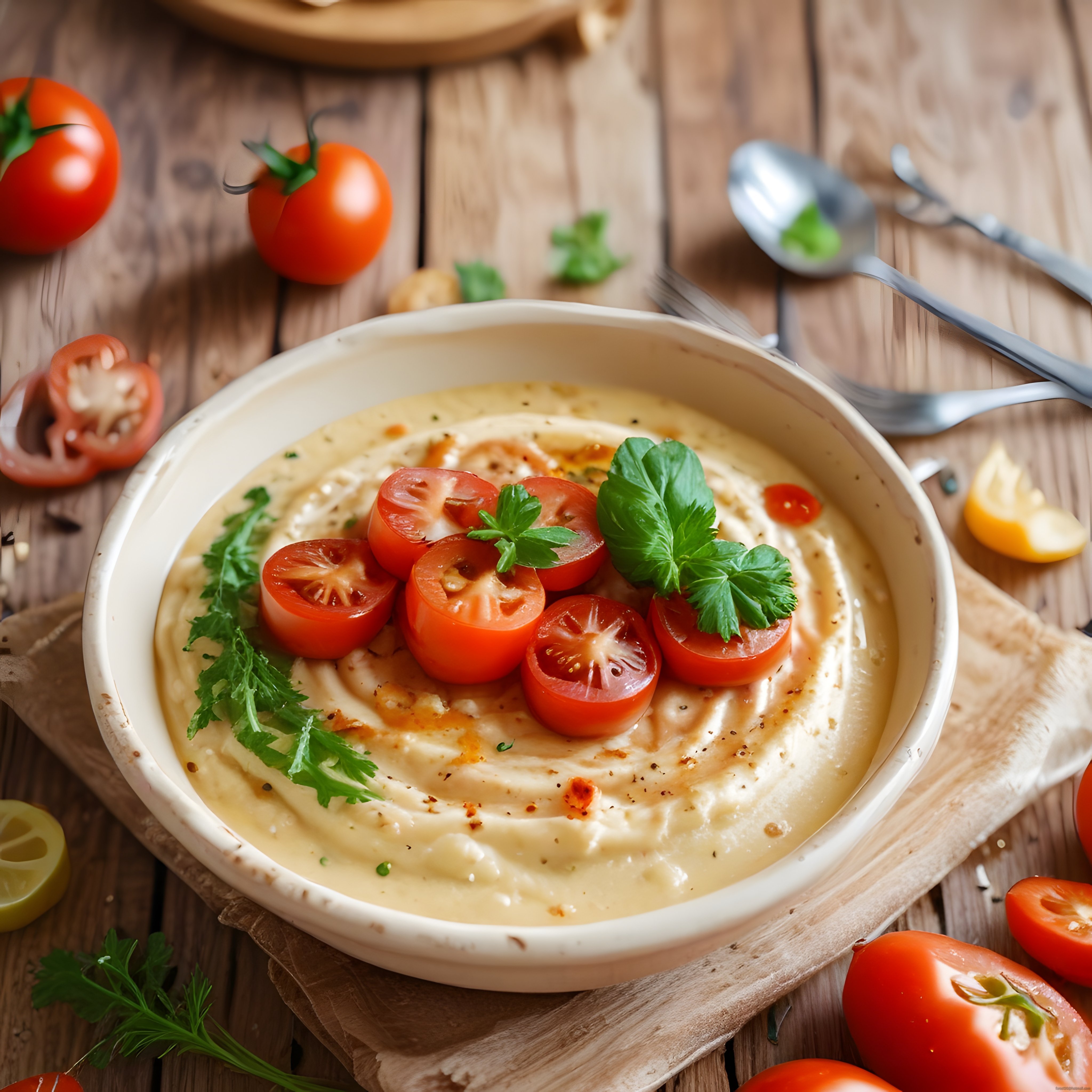 Ahşap Masada Taze Domatesli Humus Sunumu ve Pratik Meze Tarifi