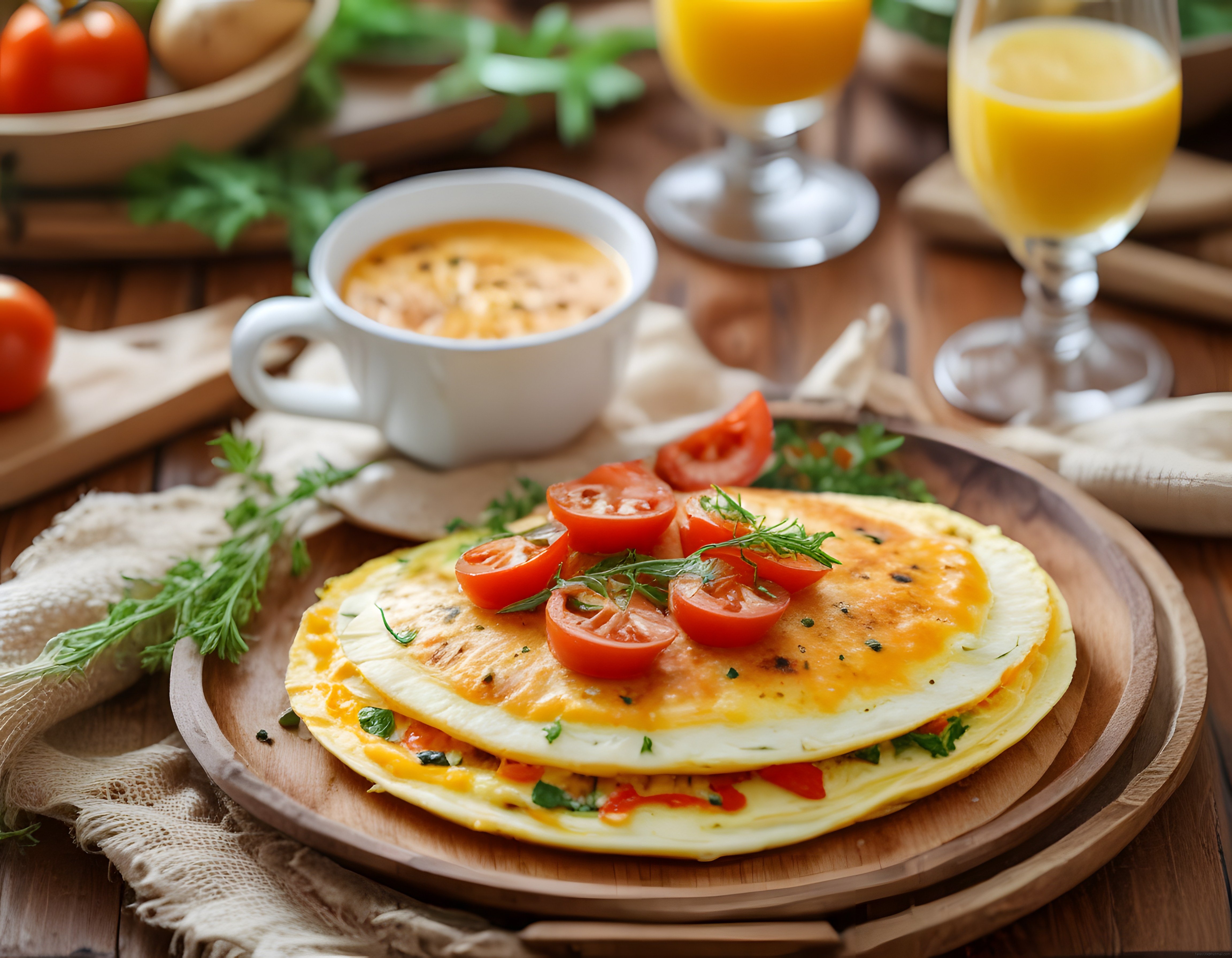 Ahşap Masada Taze Domatesli ve Yeşillikli Omlet ile Sıcak Kahvaltı Keyfi