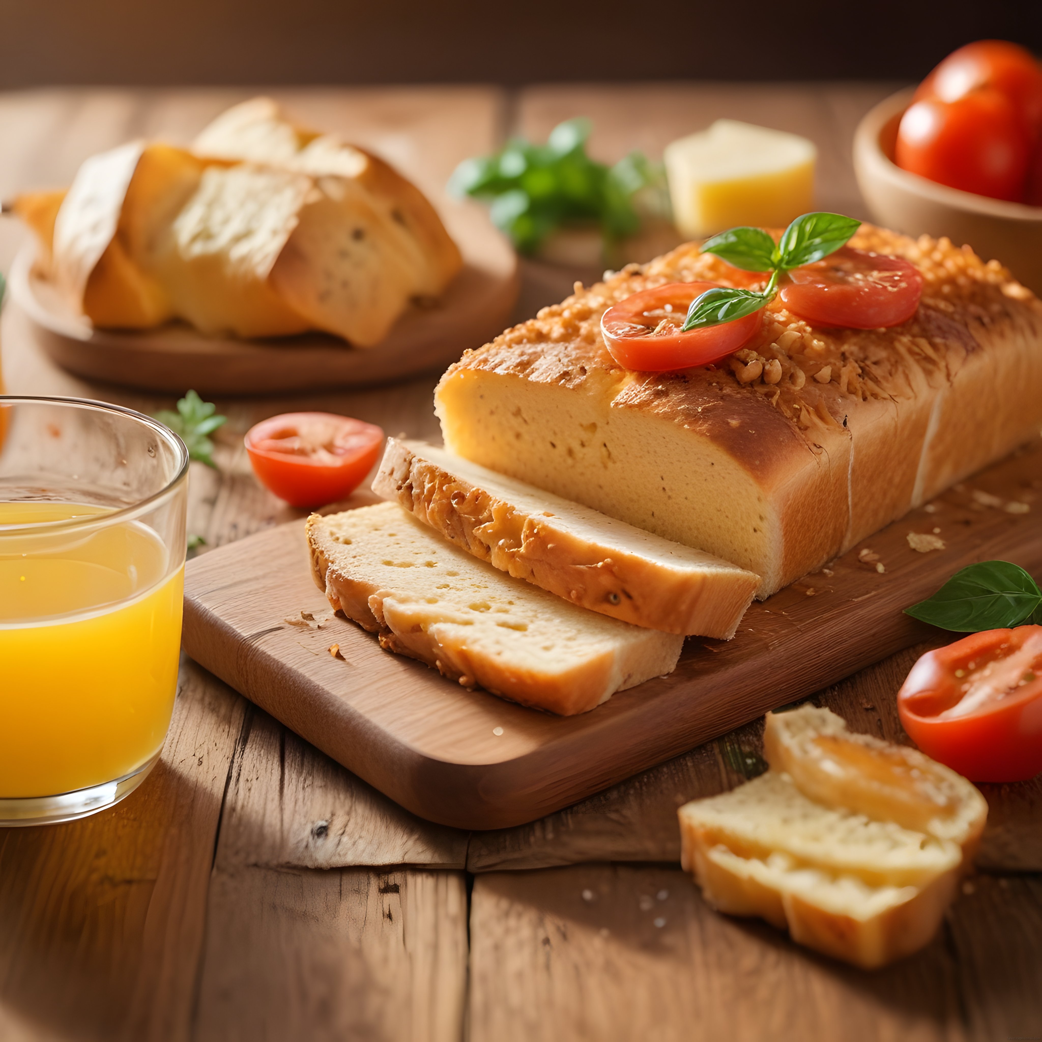 Ahşap Masada Taze Ekmek Domates ve Portakal Suyu ile Kahvaltı Keyfi