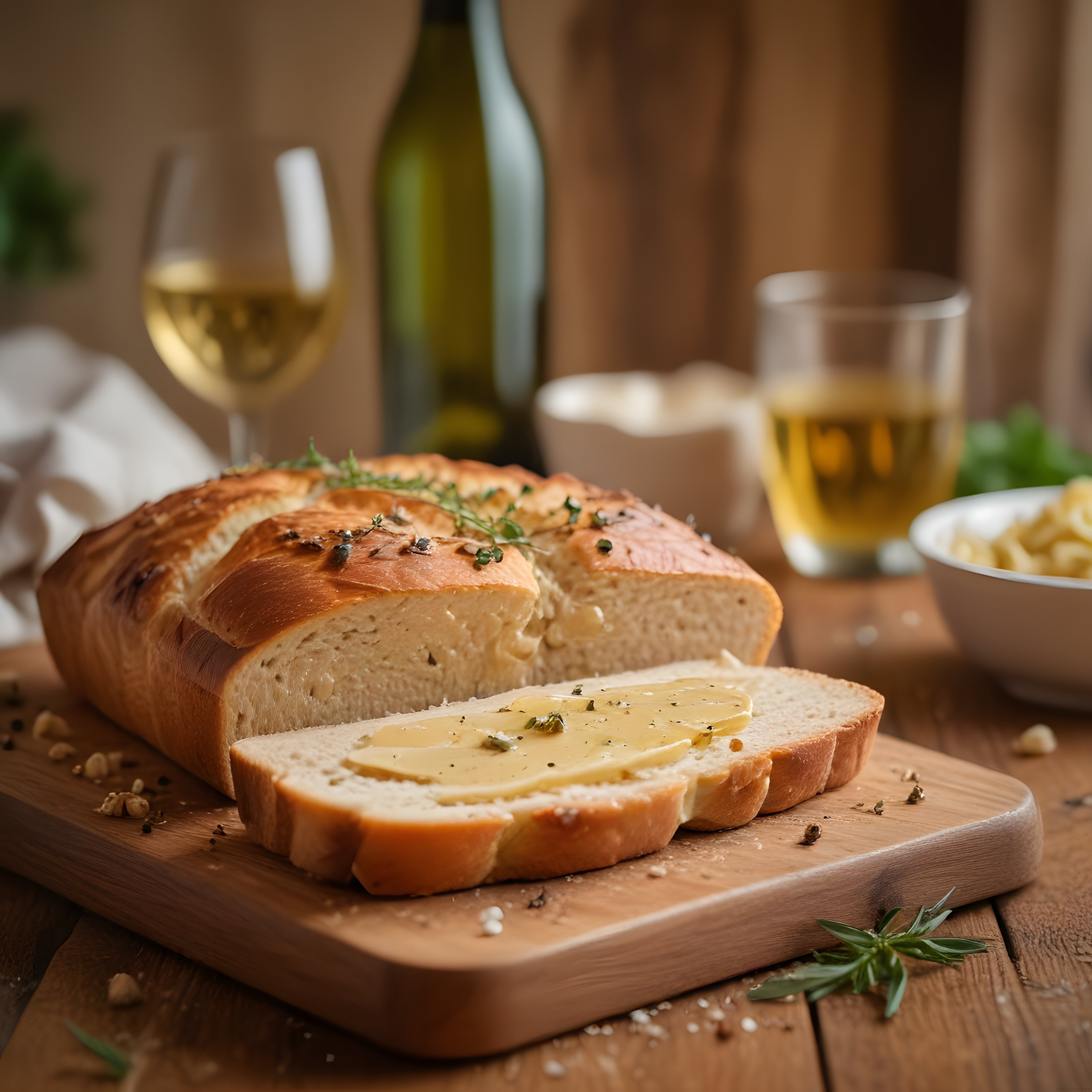 Ahşap Masada Taze Ekmek ve Tereyağı ile Şarap Eşliğinde Sıcacık Kahvaltı