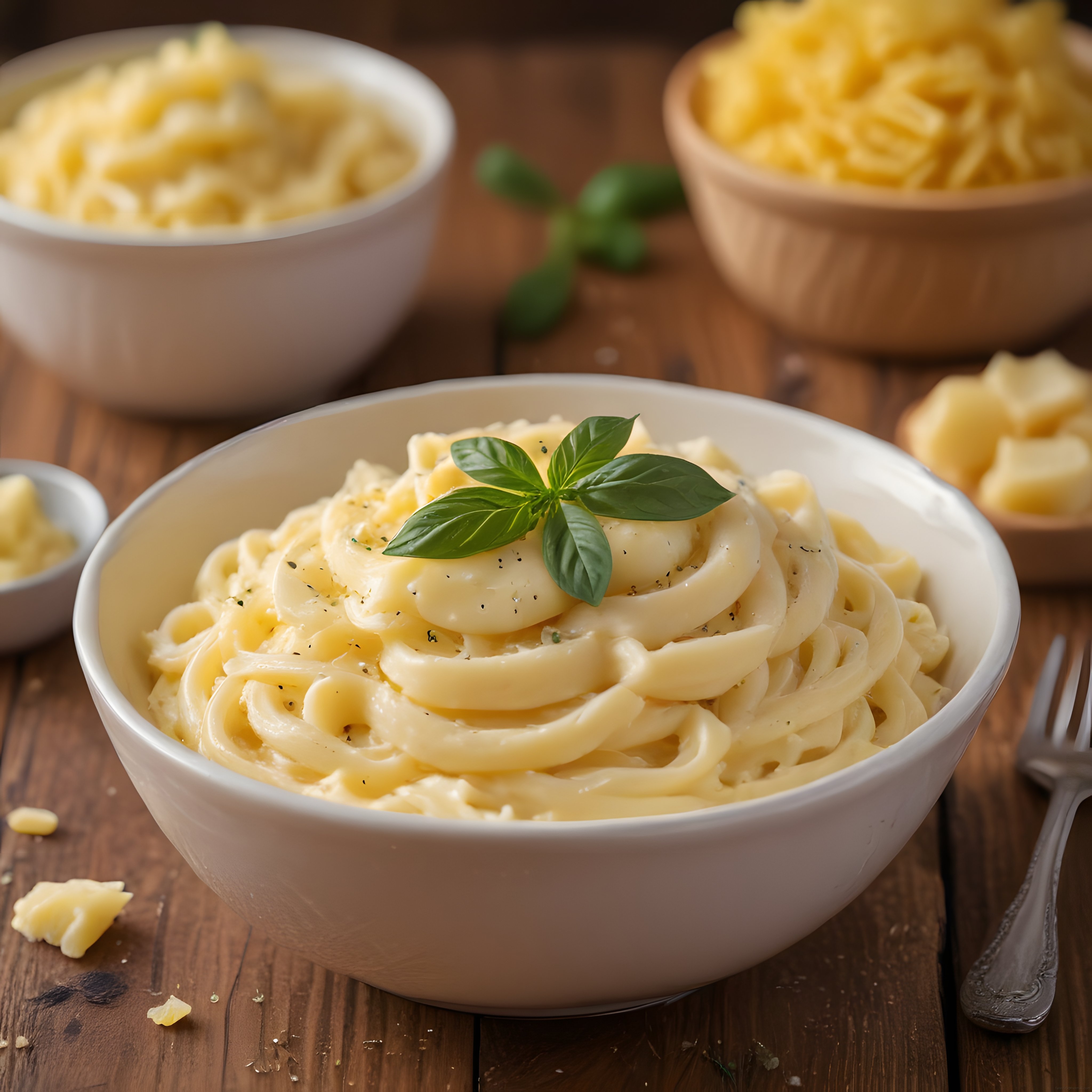 Ahşap Masada Taze Fesleğen Süslemeli Kremalı Fettuccine Alfredo Makarna