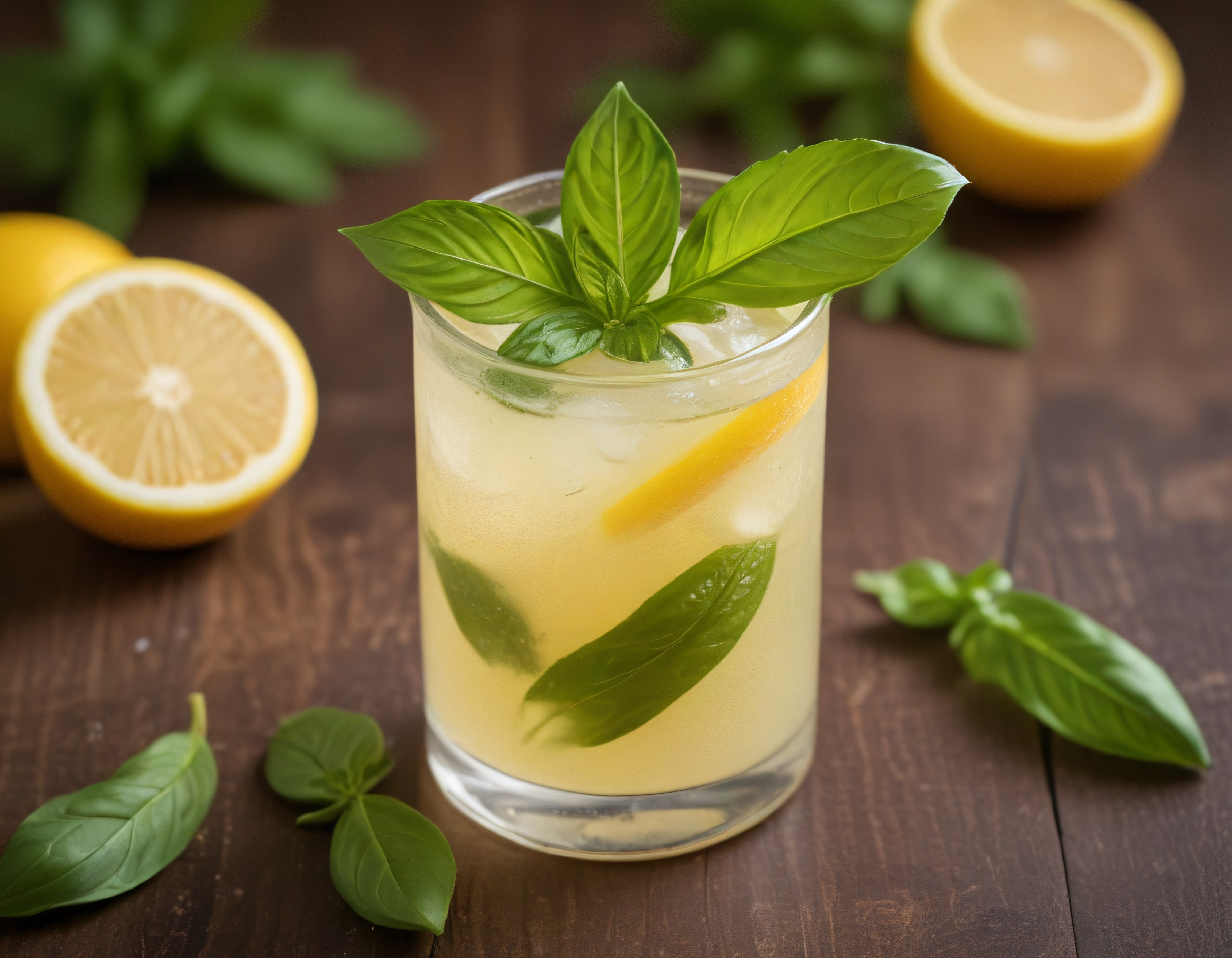 Ahşap Masada Taze Fesleğen ve Limon Dilimli Ferahlatıcı Yaz Kokteyli