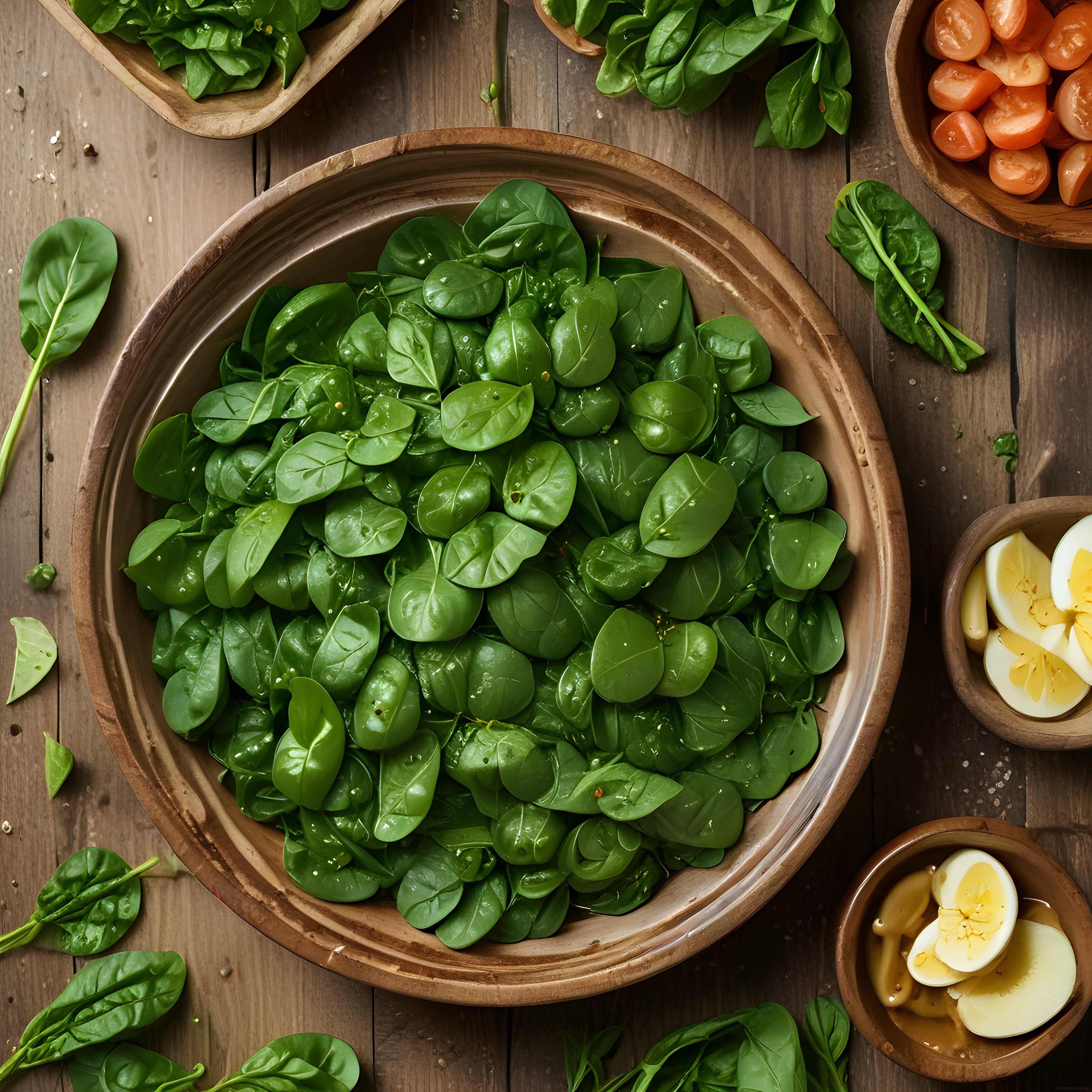 Ahşap Masada Taze Ispanak ve Haşlanmış Yumurtalı Sağlıklı Salata