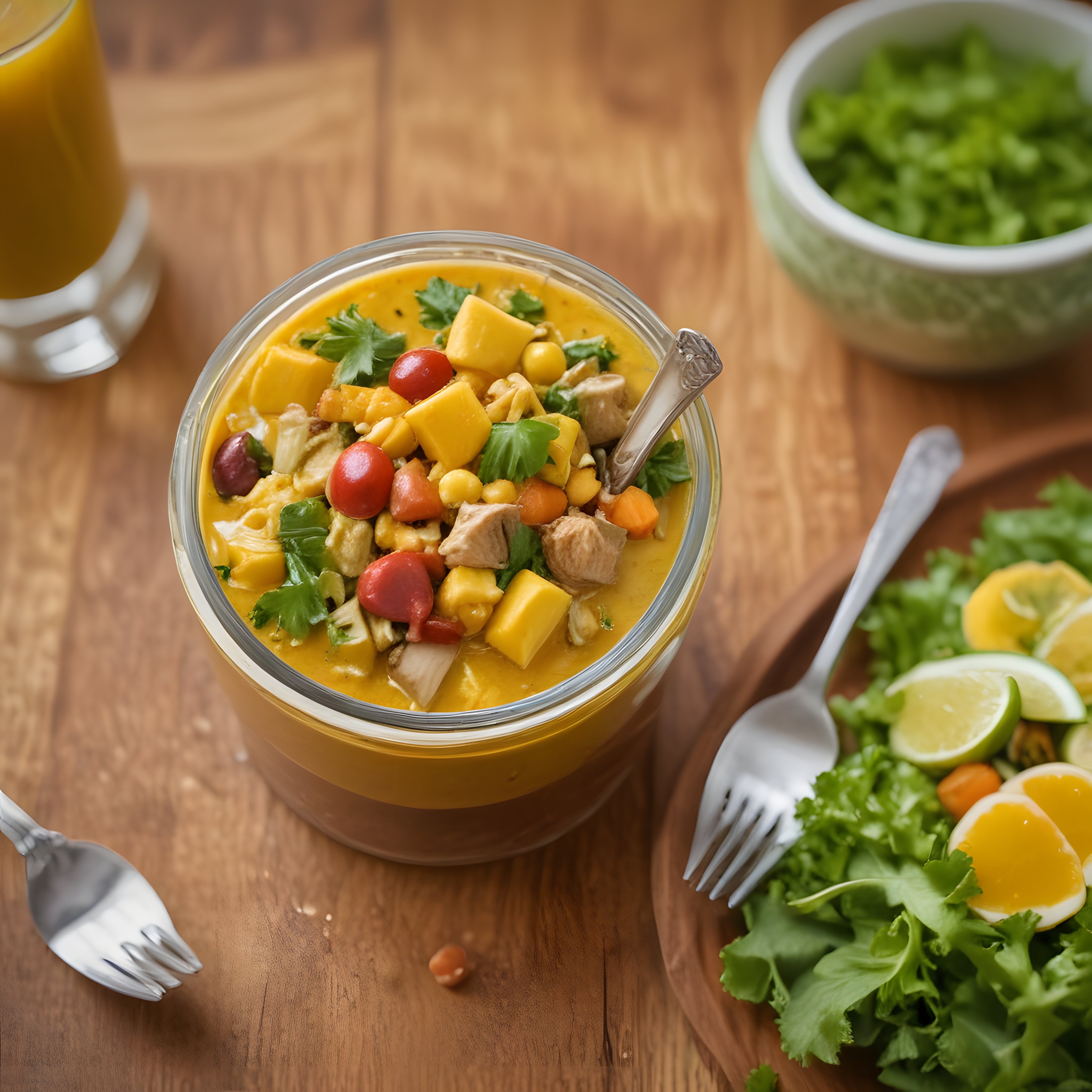 Ahşap Masada Taze Mango ve Tavuklu Renkli Salata Kasesi Sunumu