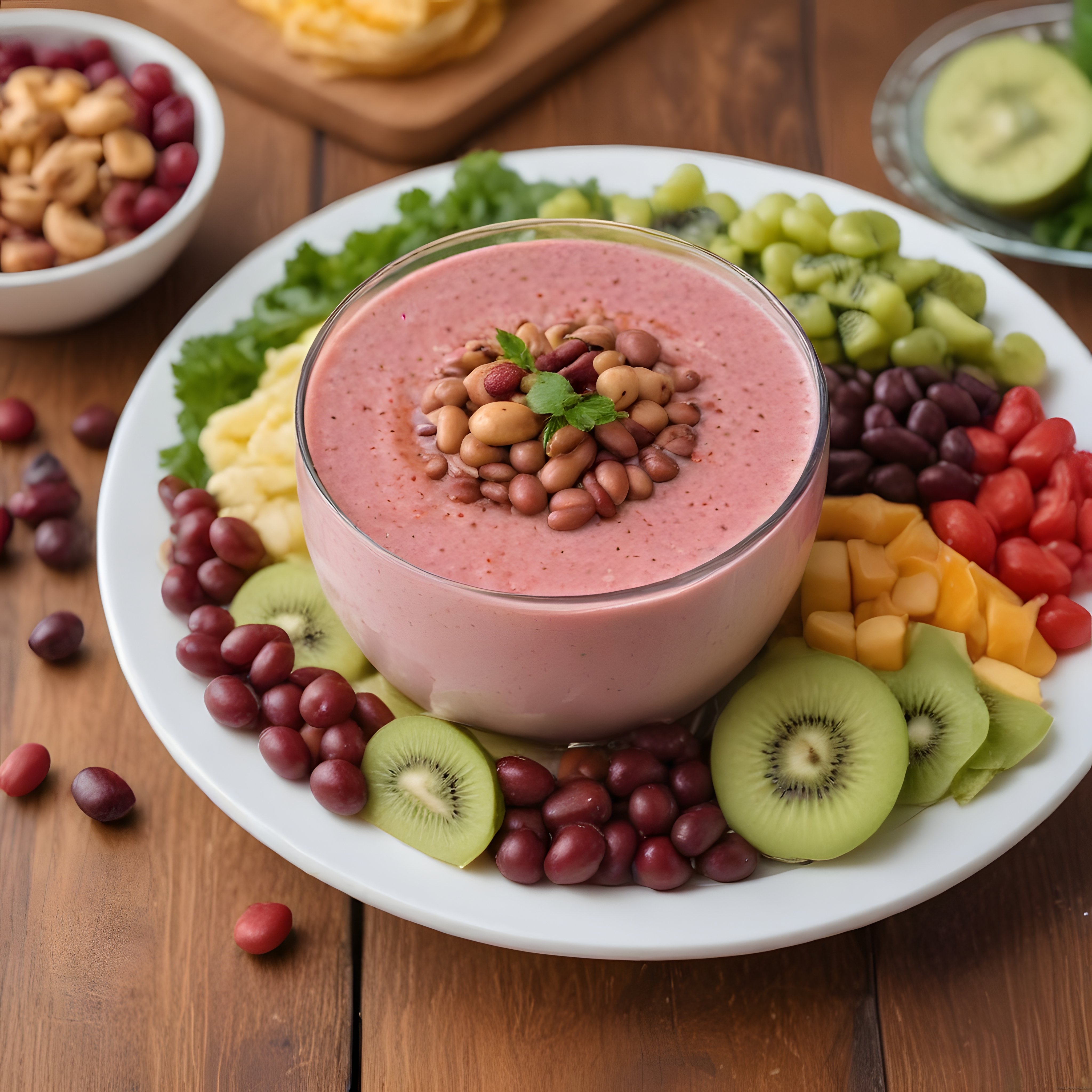 Ahşap Masada Taze Meyvelerle Süslenmiş Sağlıklı Pembe Smoothie Kasesi