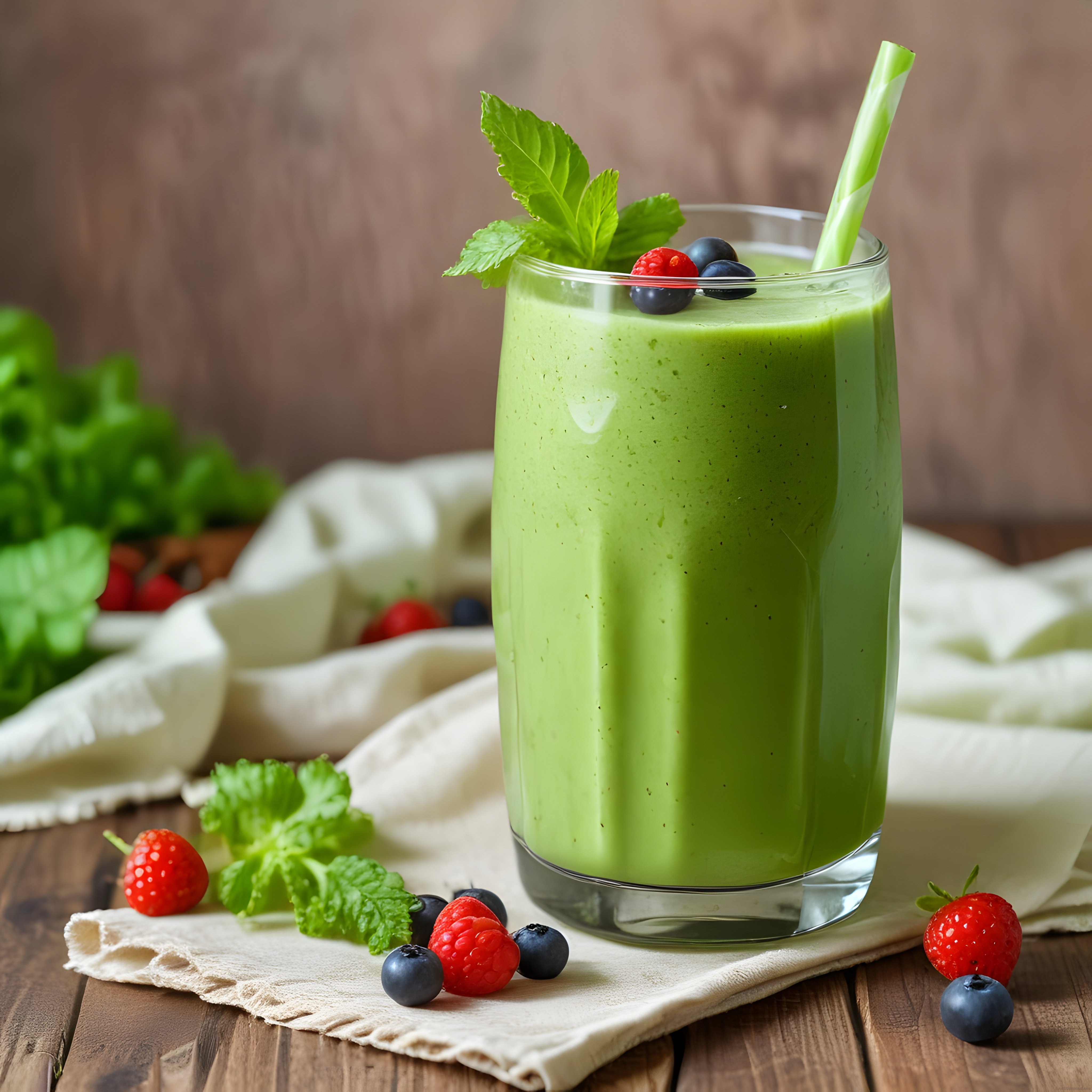 Ahşap Masada Taze Meyveli ve Yeşillikli Detoks Smoothie Sunumu