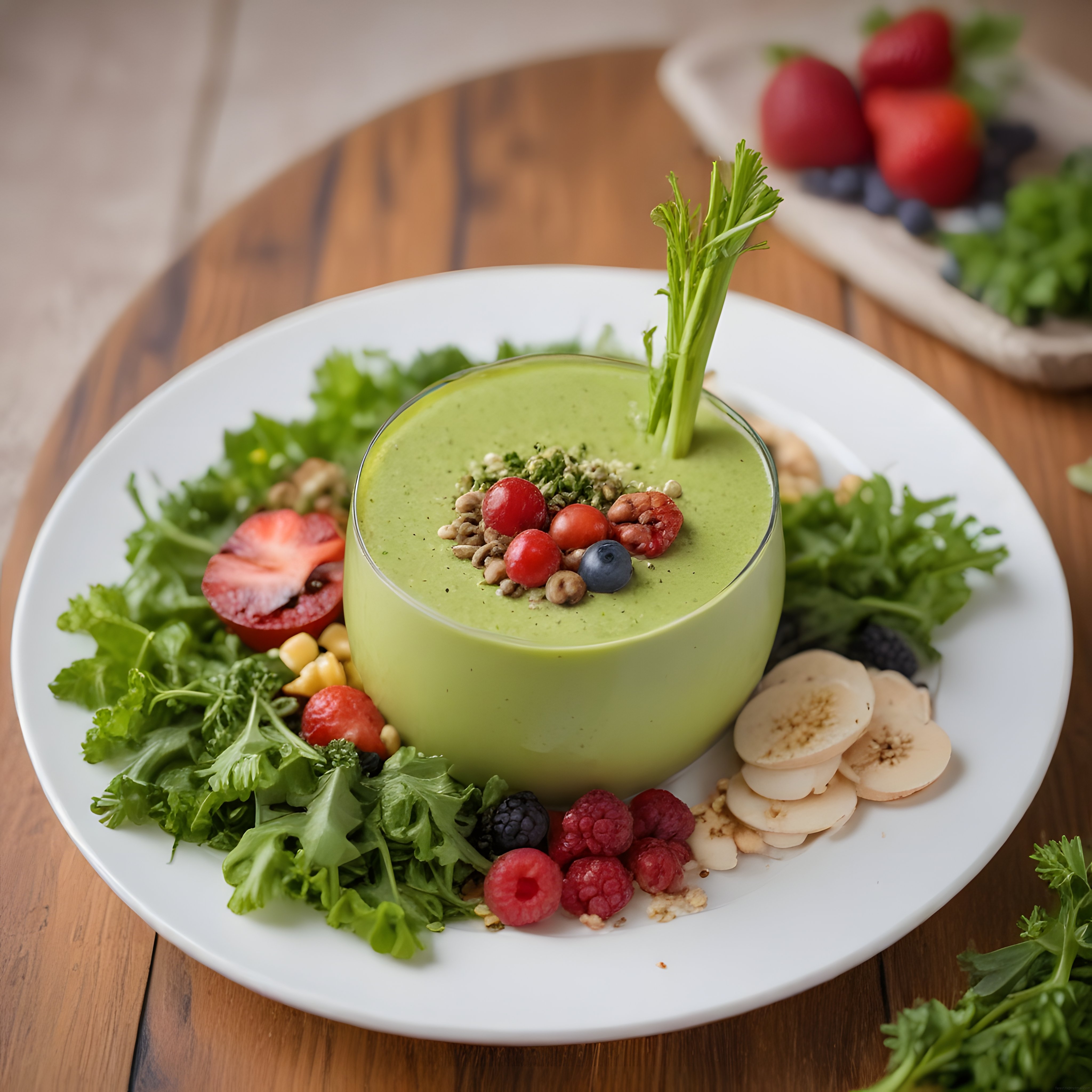 Ahşap Masada Taze Meyveli ve Yeşillikli Sağlıklı Smoothie Bowl Sunumu