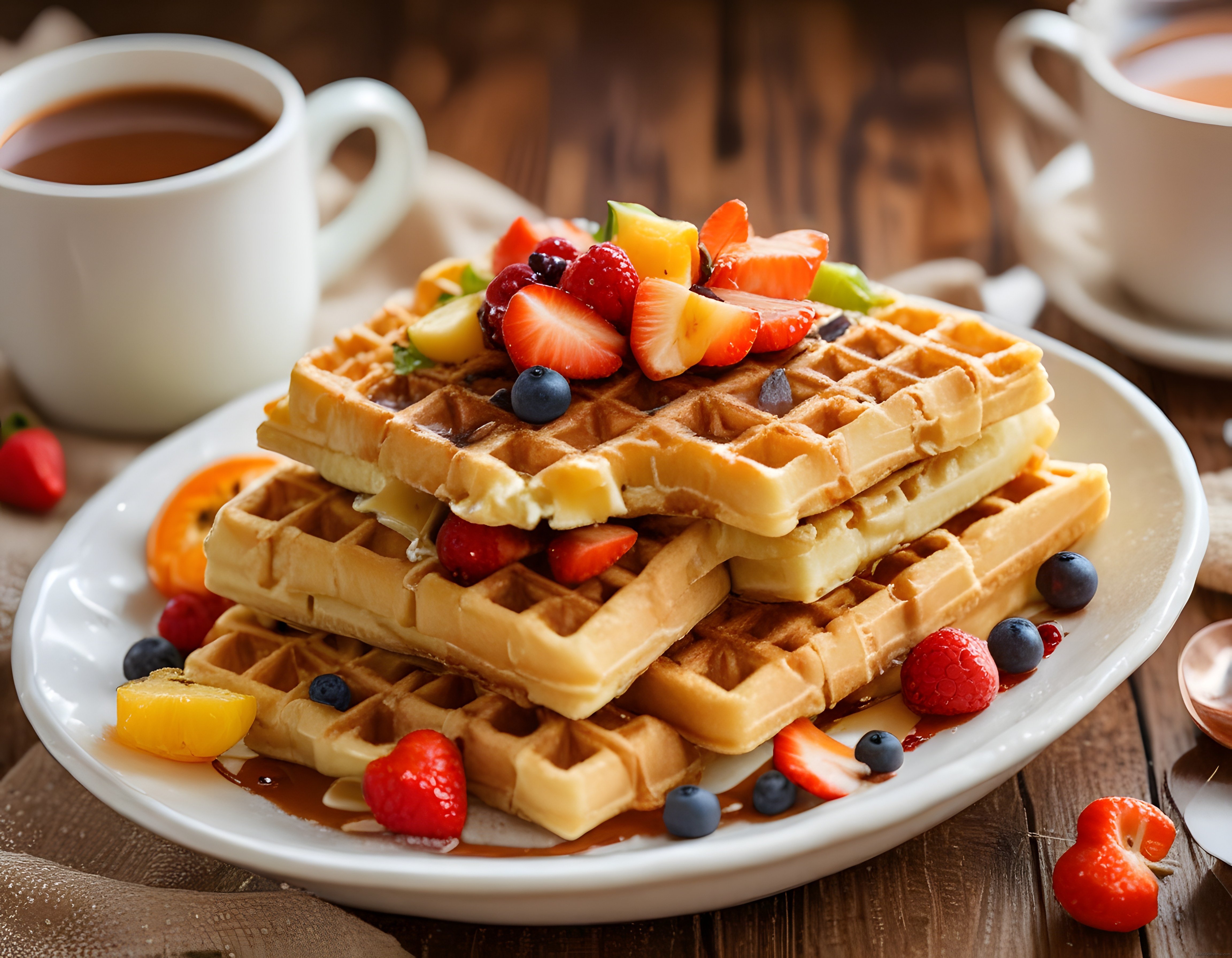 Ahşap Masada Taze Meyveli Waffle ve Kahve ile Neşeli Kahvaltı Keyfi