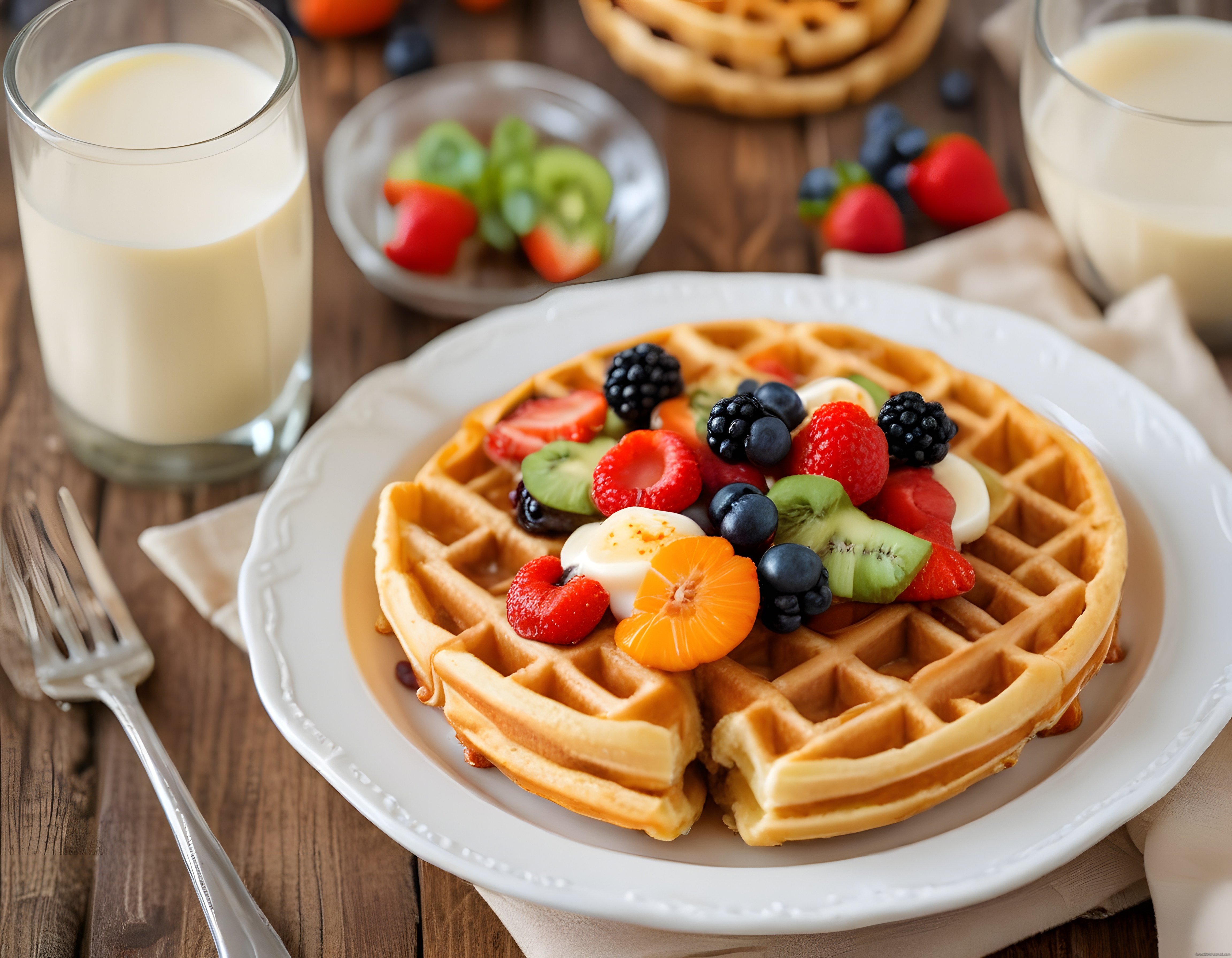 Ahşap masada taze meyveli waffle ve süt ile hazırlanan kahvaltı