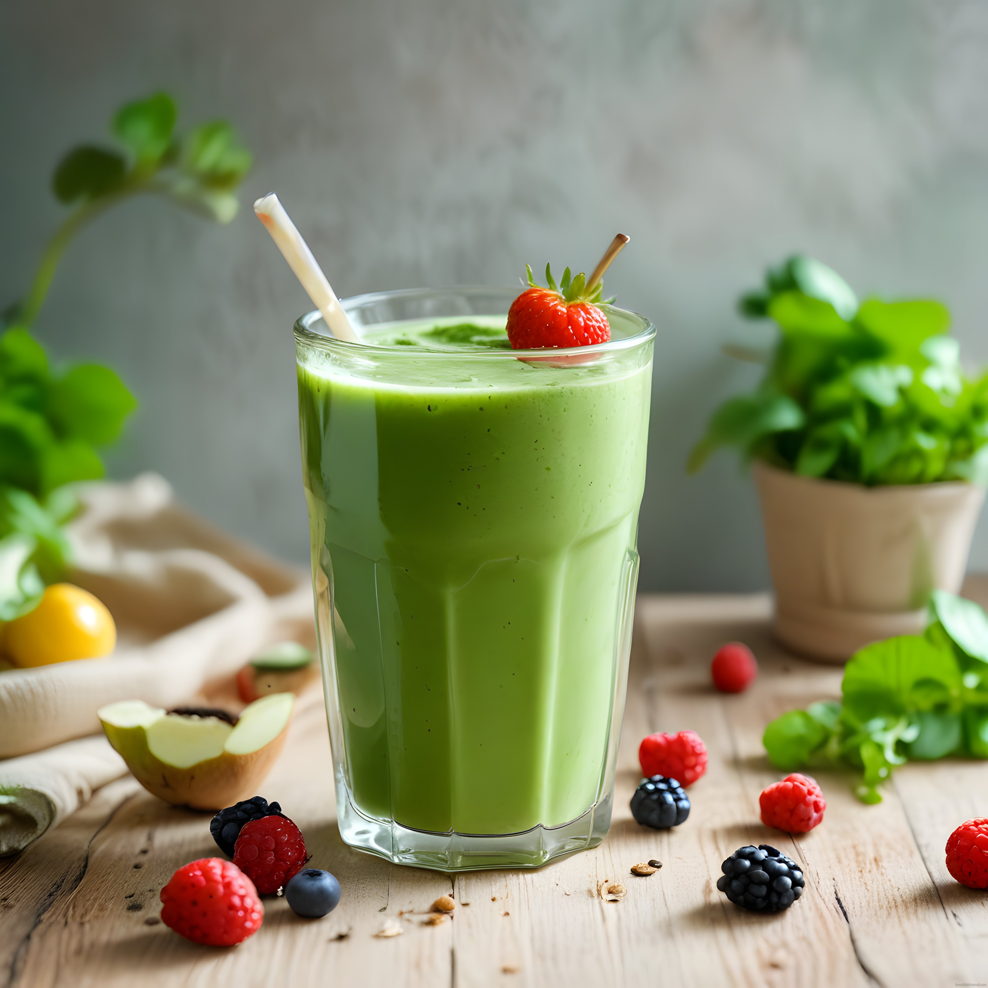 Ahşap Masada Taze Meyveli Yeşil Smoothie: Sağlıklı ve Besleyici Detoks İçeceği