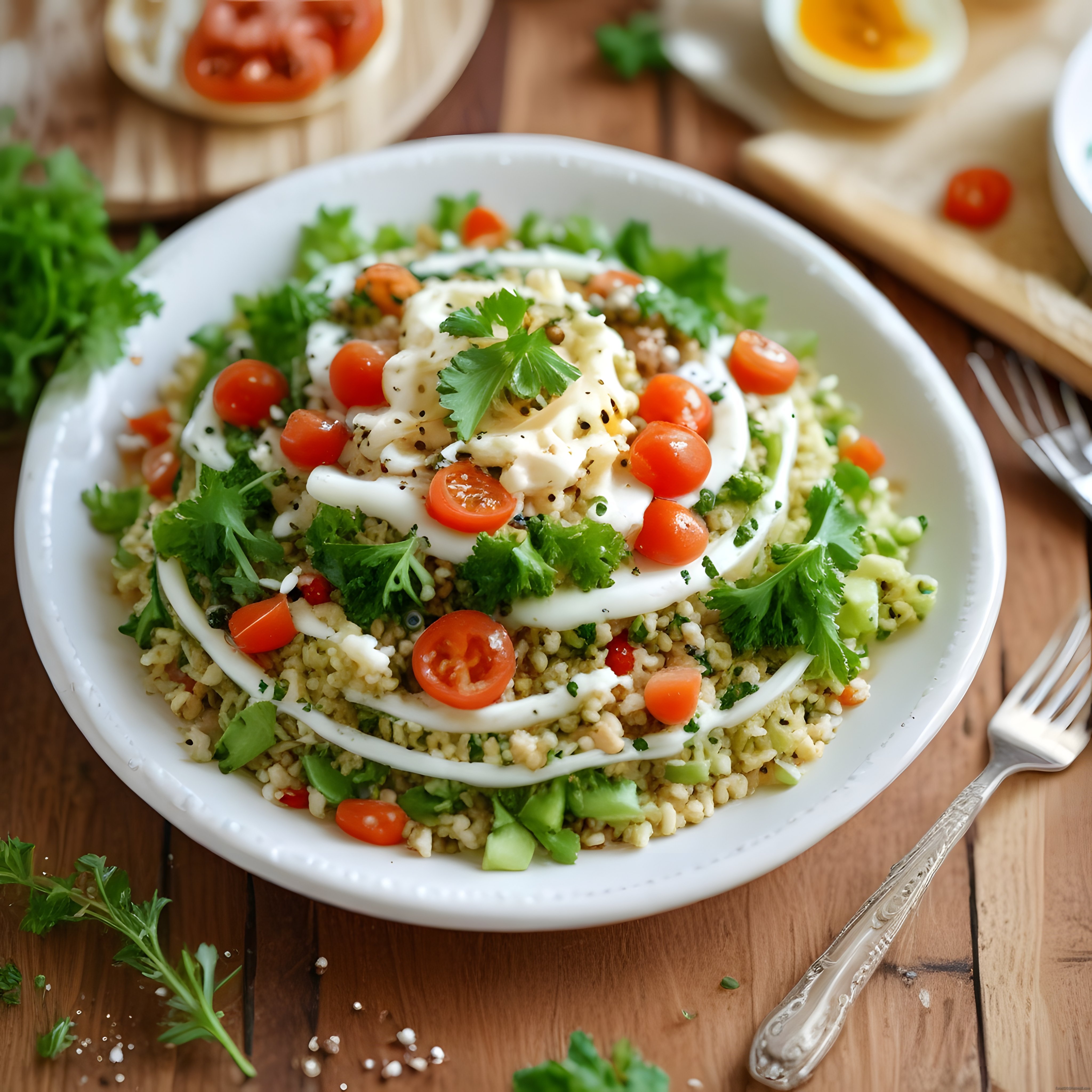 Ahşap Masada Taze Otlu Bulgurlu Kase Salata ve Yoğurt Sosu Tarifi