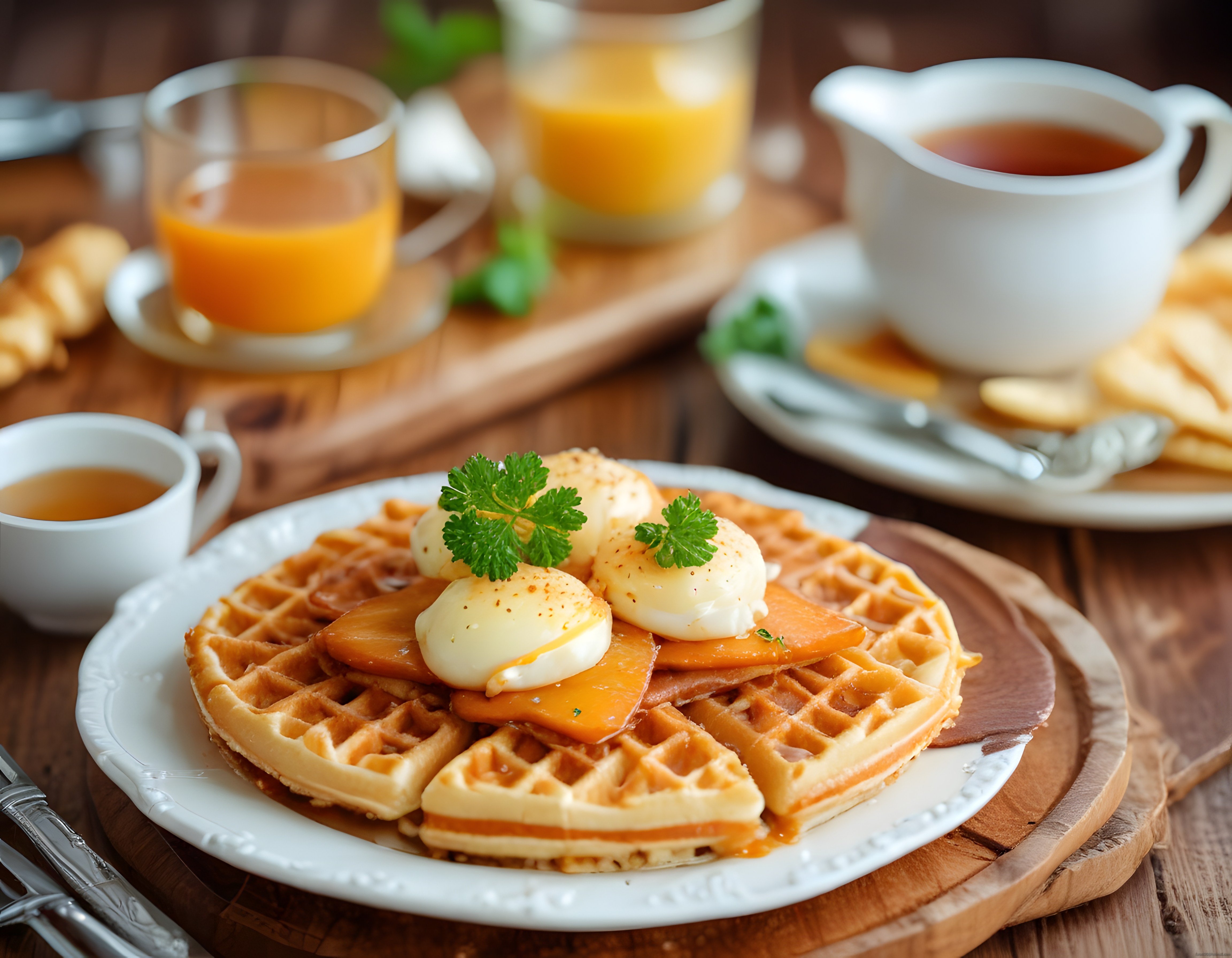 Ahşap Masada Taze Poşe Yumurtalı ve Füme Somonlu Waffle Kahvaltı Tabağı