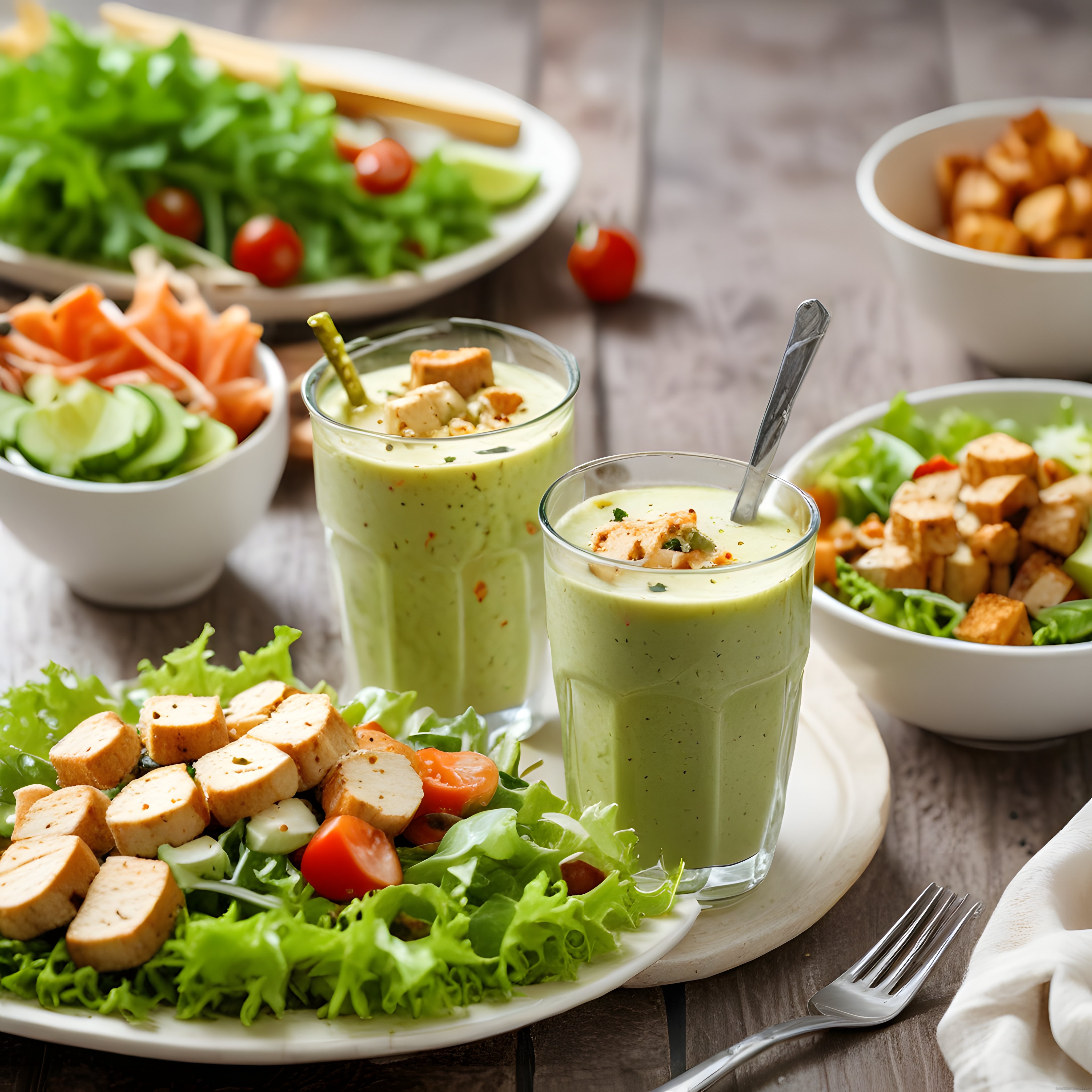 Ahşap Masada Taze Salata ve Yeşil Smoothie ile Besleyici ve Sağlıklı Sunum