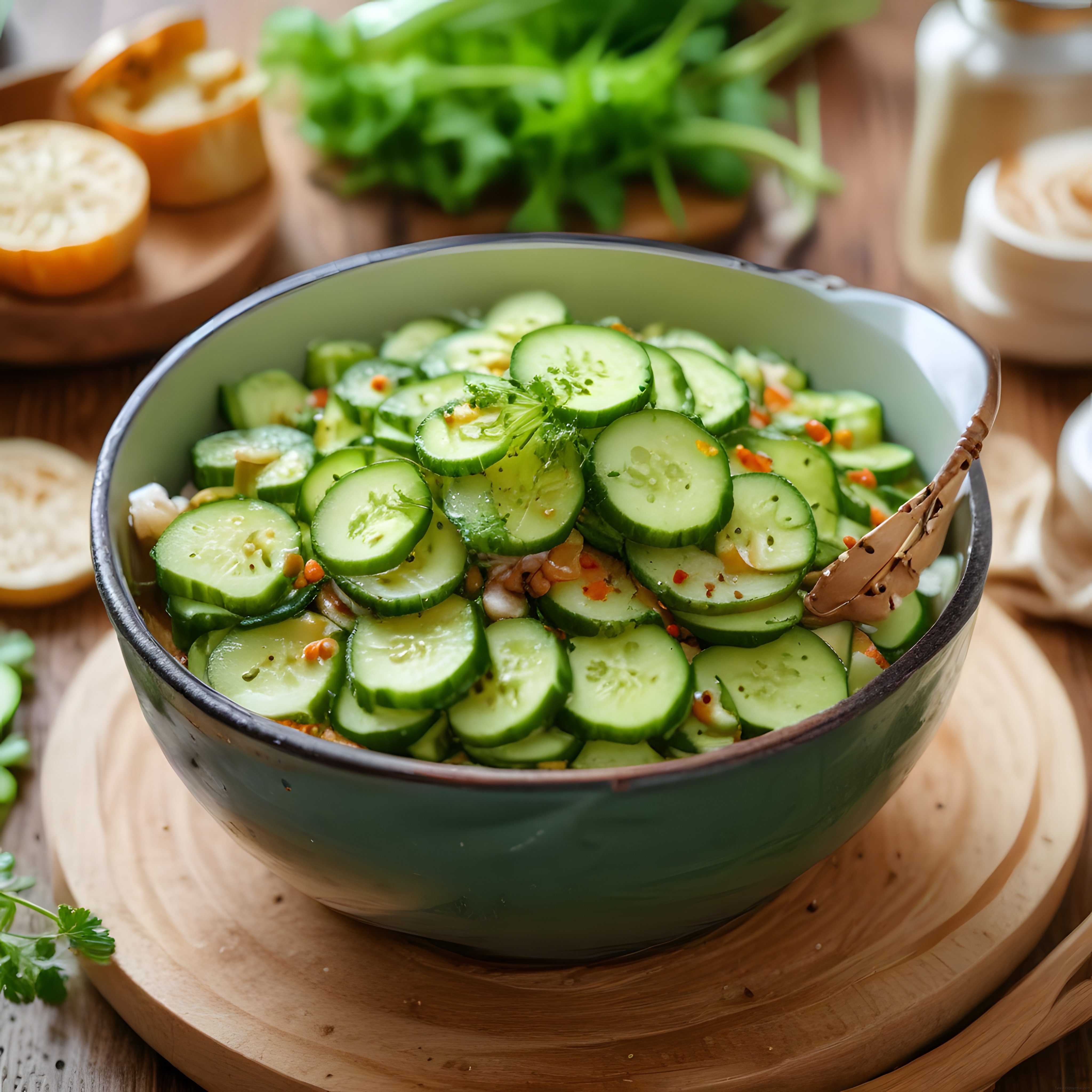 Ahşap Masada Taze Salatalık Dilimleriyle Renkli ve Sağlıklı Kase Salata Sunumu