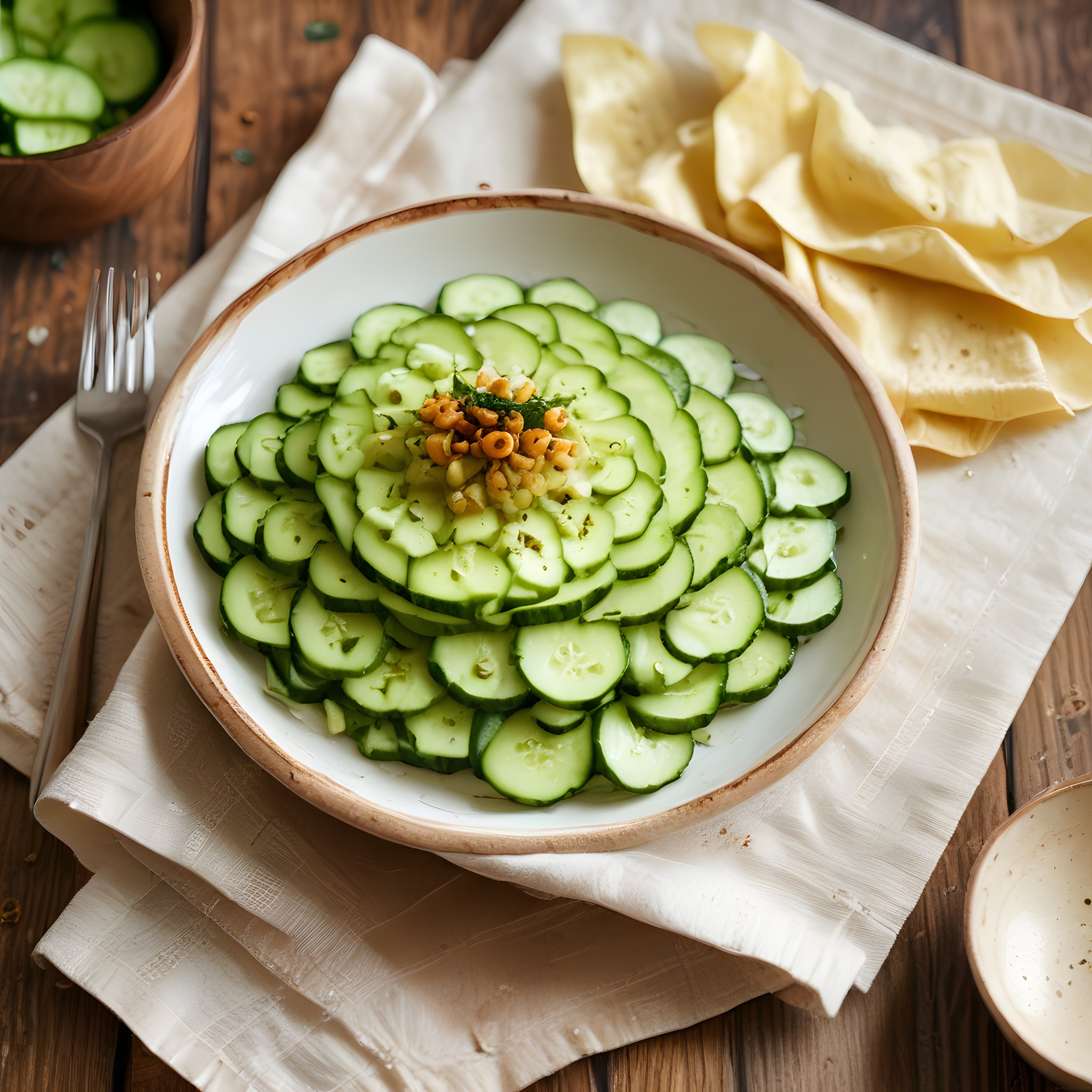 Ahşap Masada Taze Salatalık Salatası ve Peynir Eşliğinde Sağlıklı Tarif