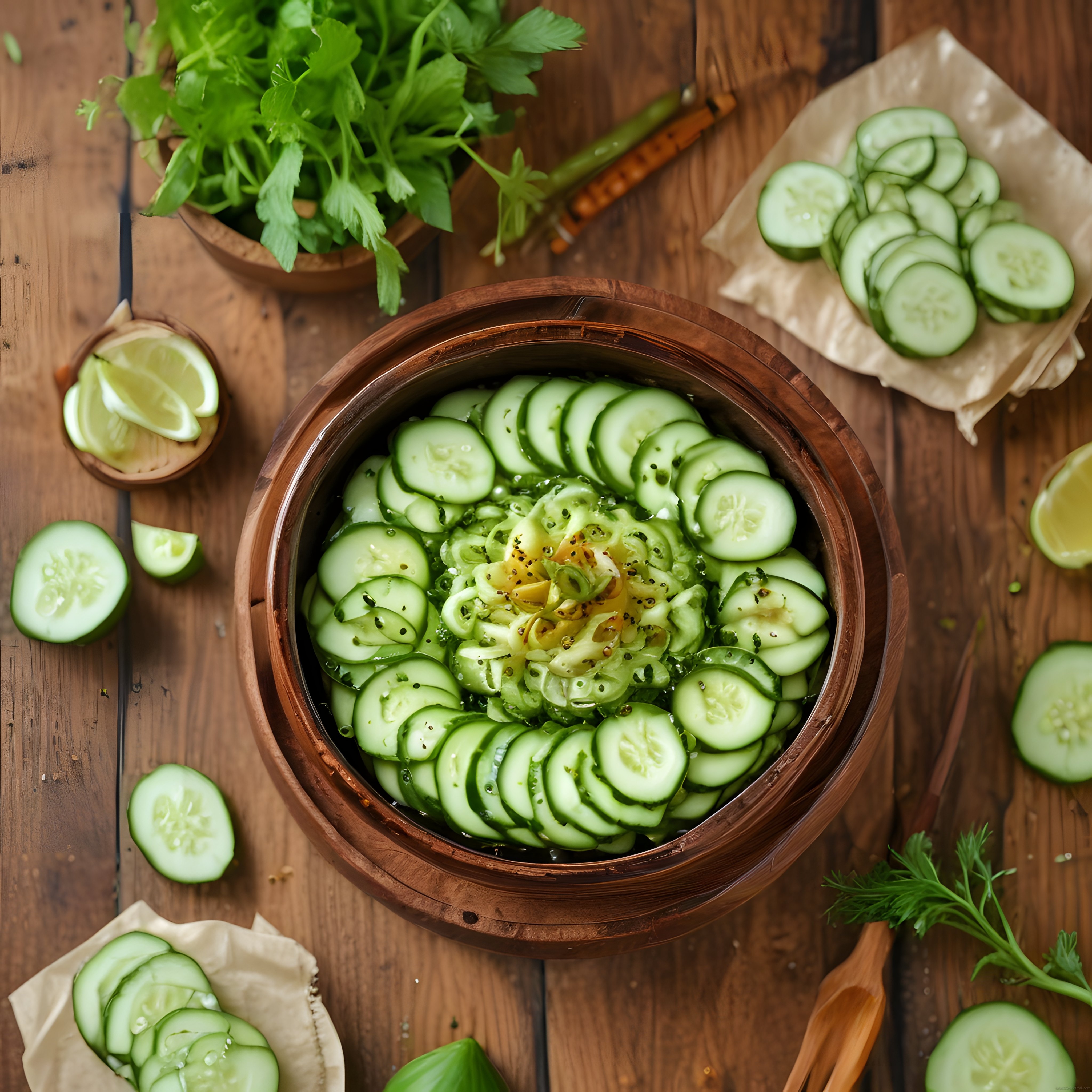 Ahşap Masada Taze Salatalık Salatası ve Sarımsaklı Limon Sosu ile Sağlıklı Sunum