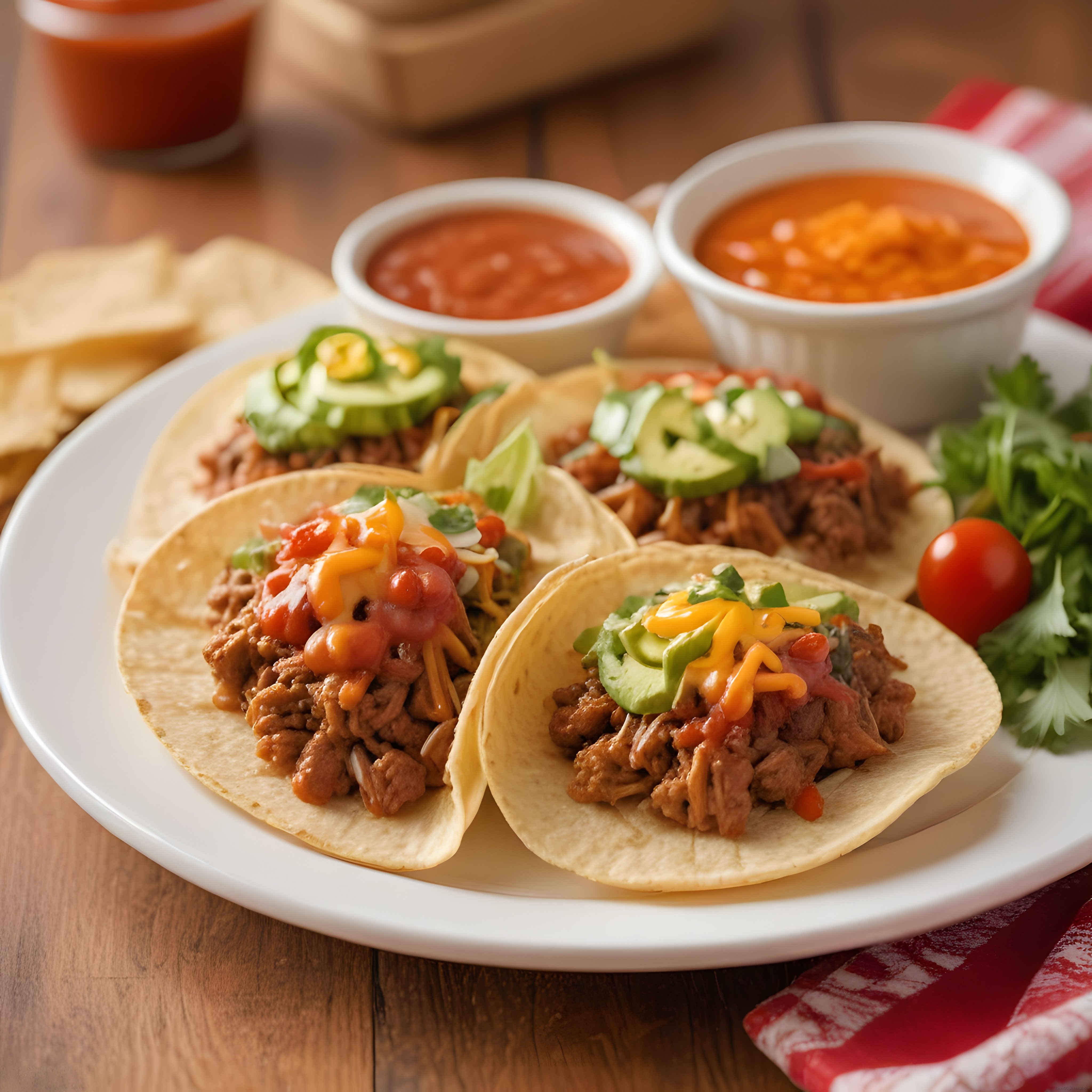 Ahşap Masada Taze Salsa ve Nacho Soslu Meksika Tacosu Lezzeti