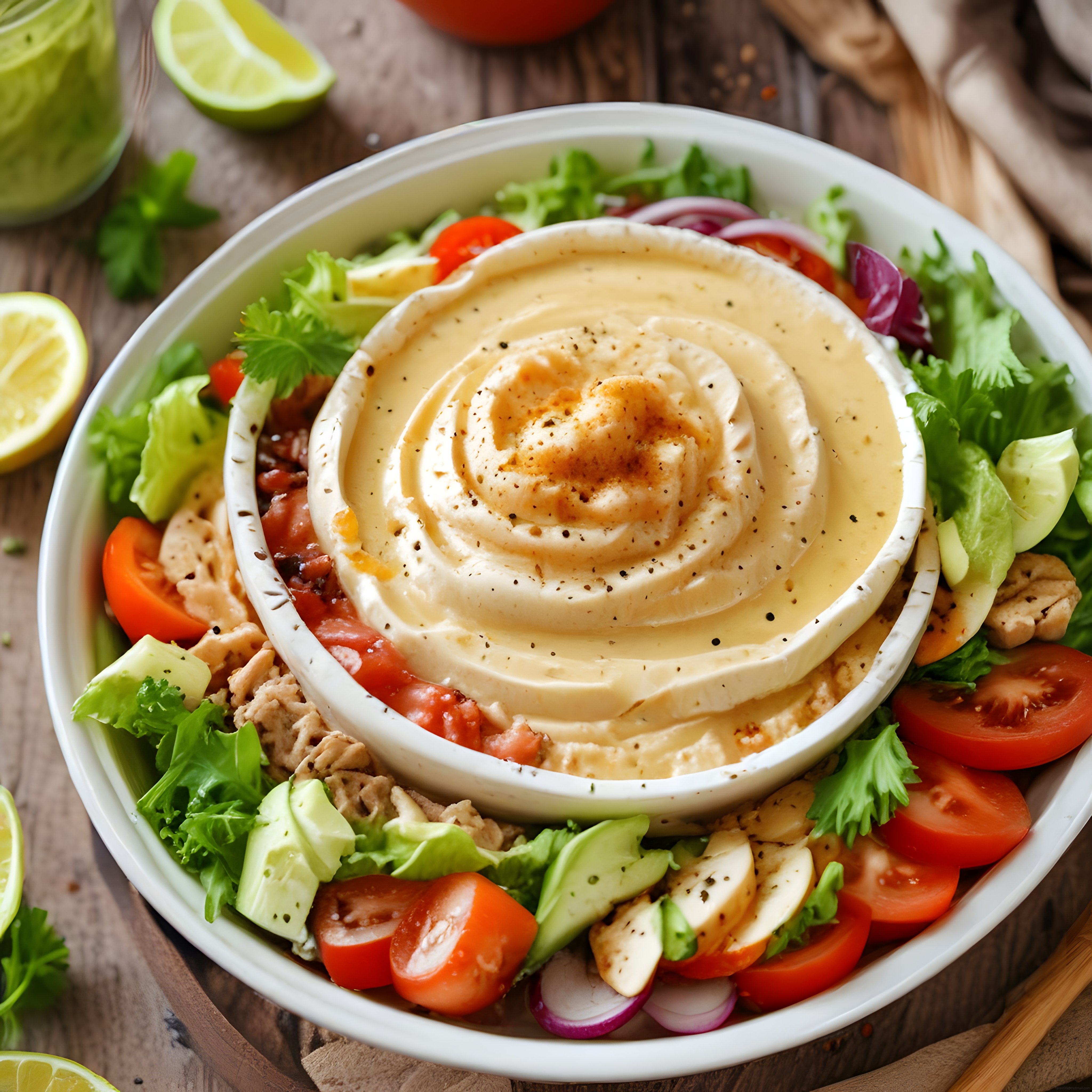 Ahşap Masada Taze Sebzeler ve Humusla Hazırlanan Sağlıklı Salata Kasesi