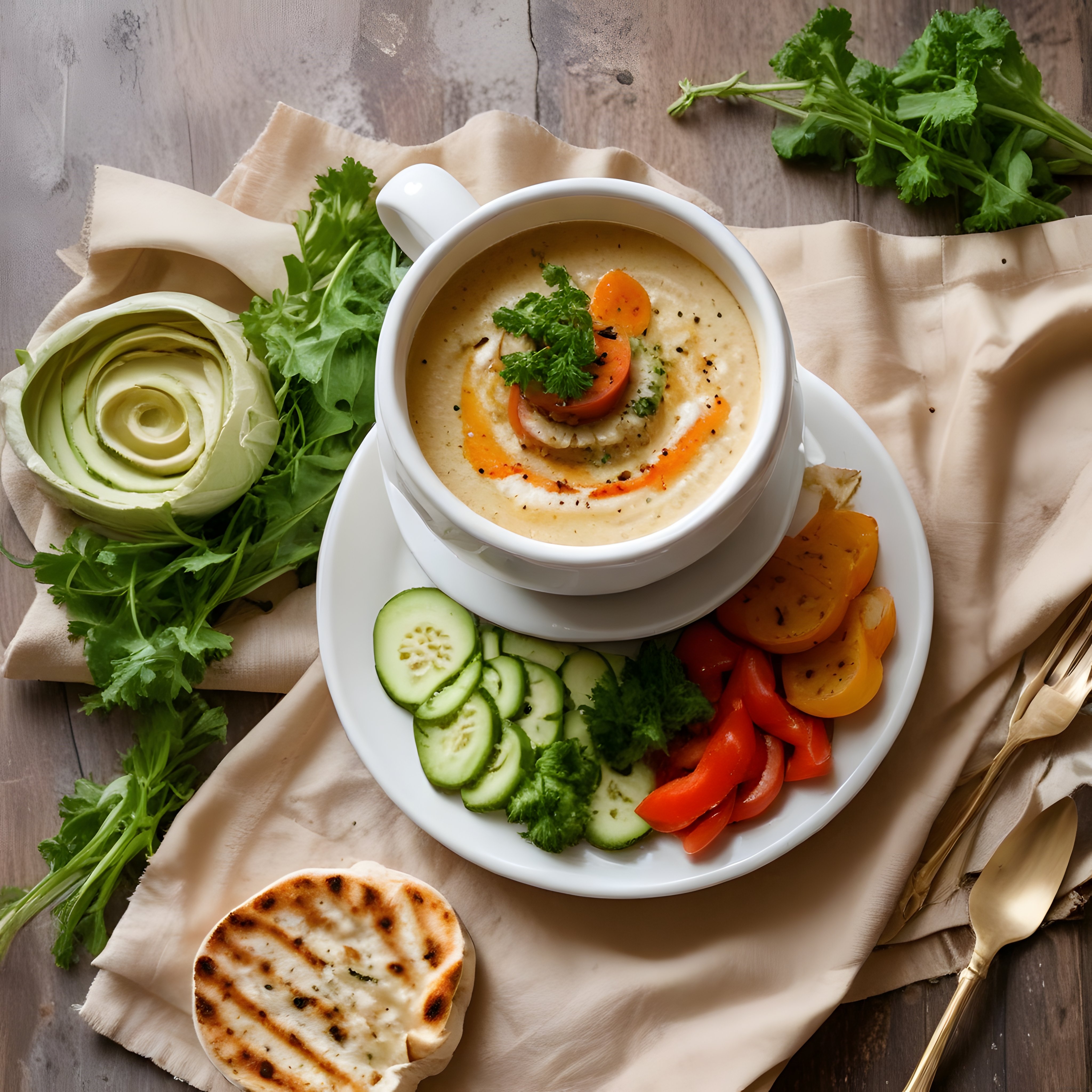 Ahşap Masada Taze Sebzeler ve Izgara Pide Eşliğinde Sunulan Humus Kasesi