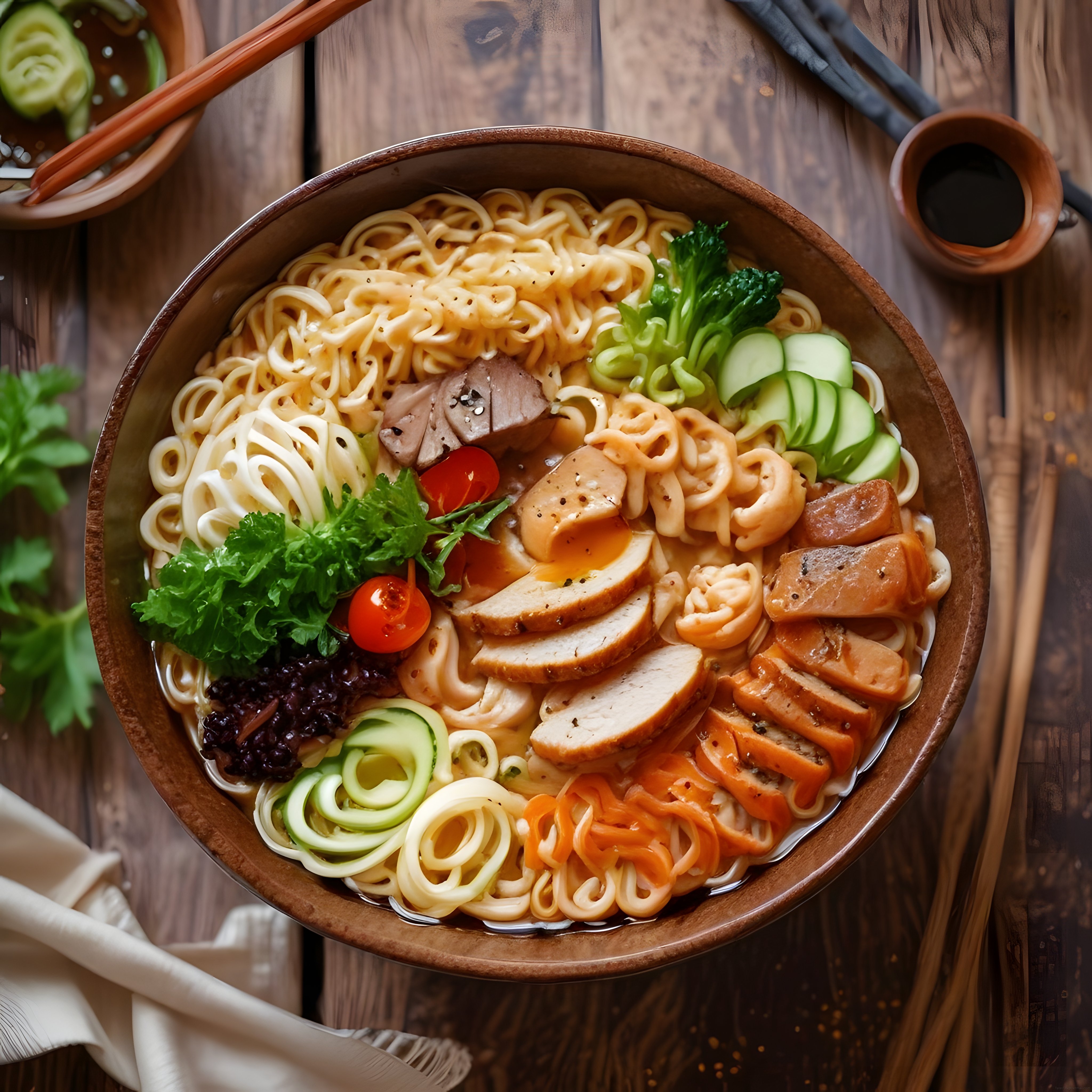 Ahşap Masada Taze Sebzeler ve Izgara Tavuklu Noodle Kase Yemek Fotoğrafı