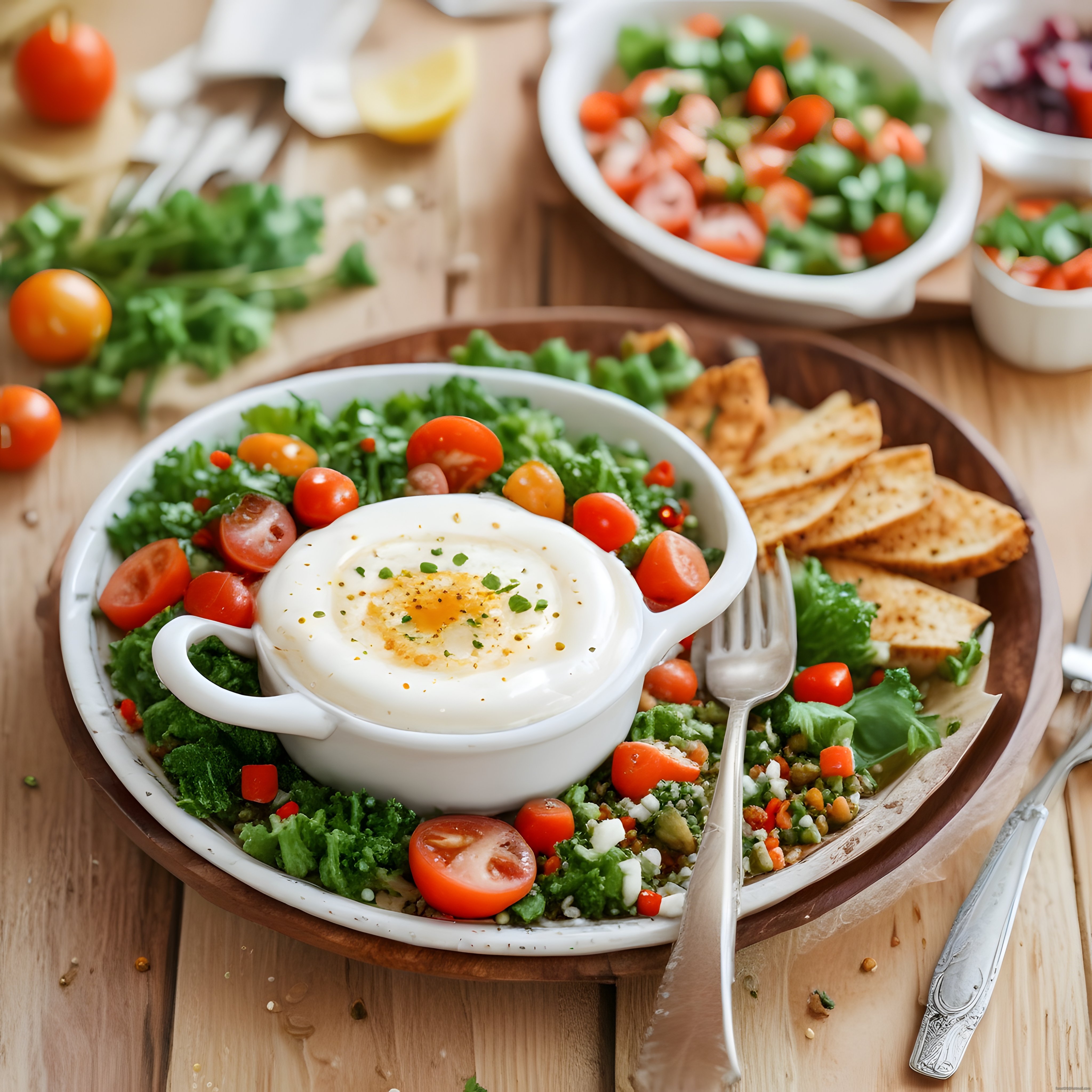 Ahşap Masada Taze Sebzeler ve Kremalı Dip Soslu Sağlıklı Kase Sunumu