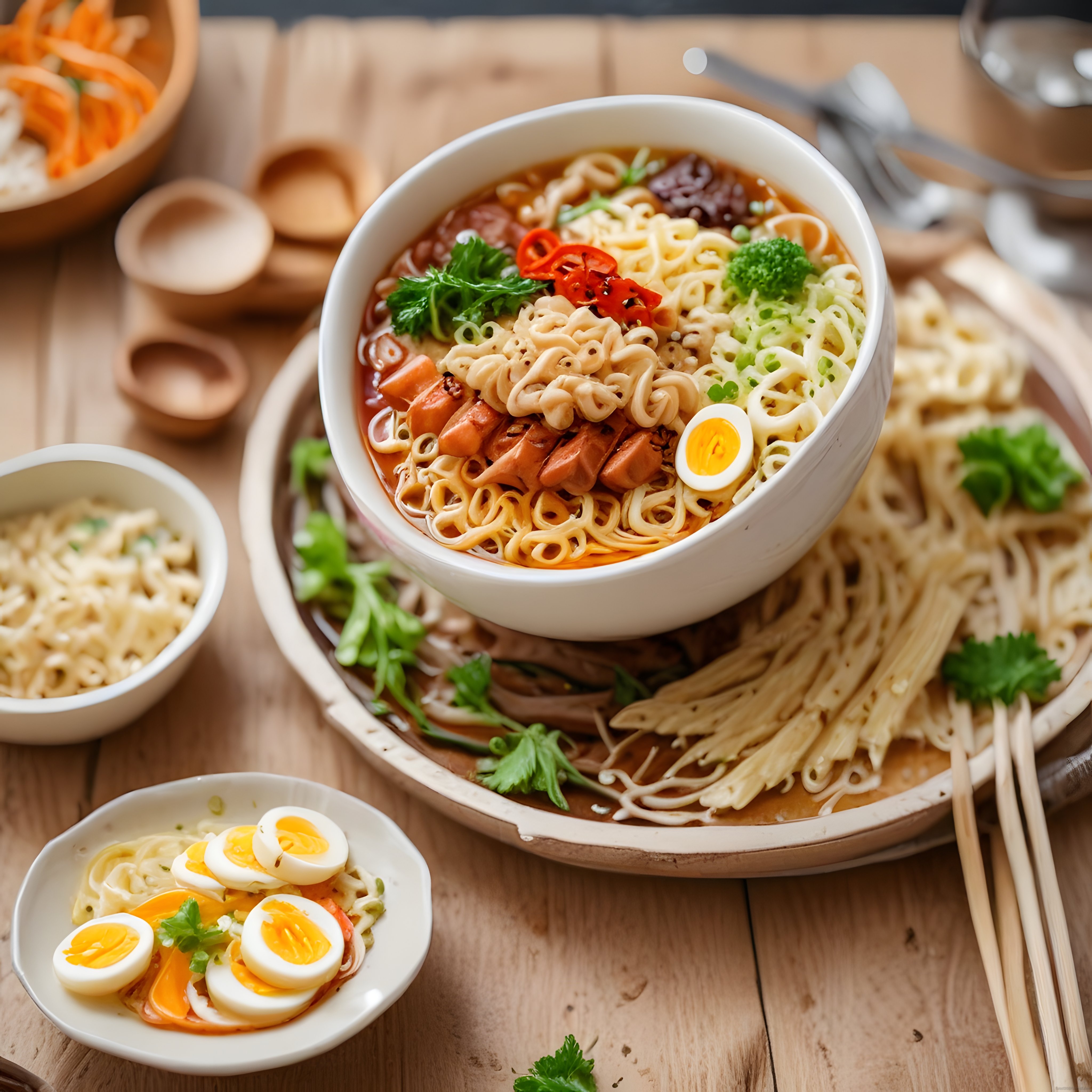 Ahşap Masada Taze Sebzeler ve Yumurta ile Süslenmiş Noodle Çorbası