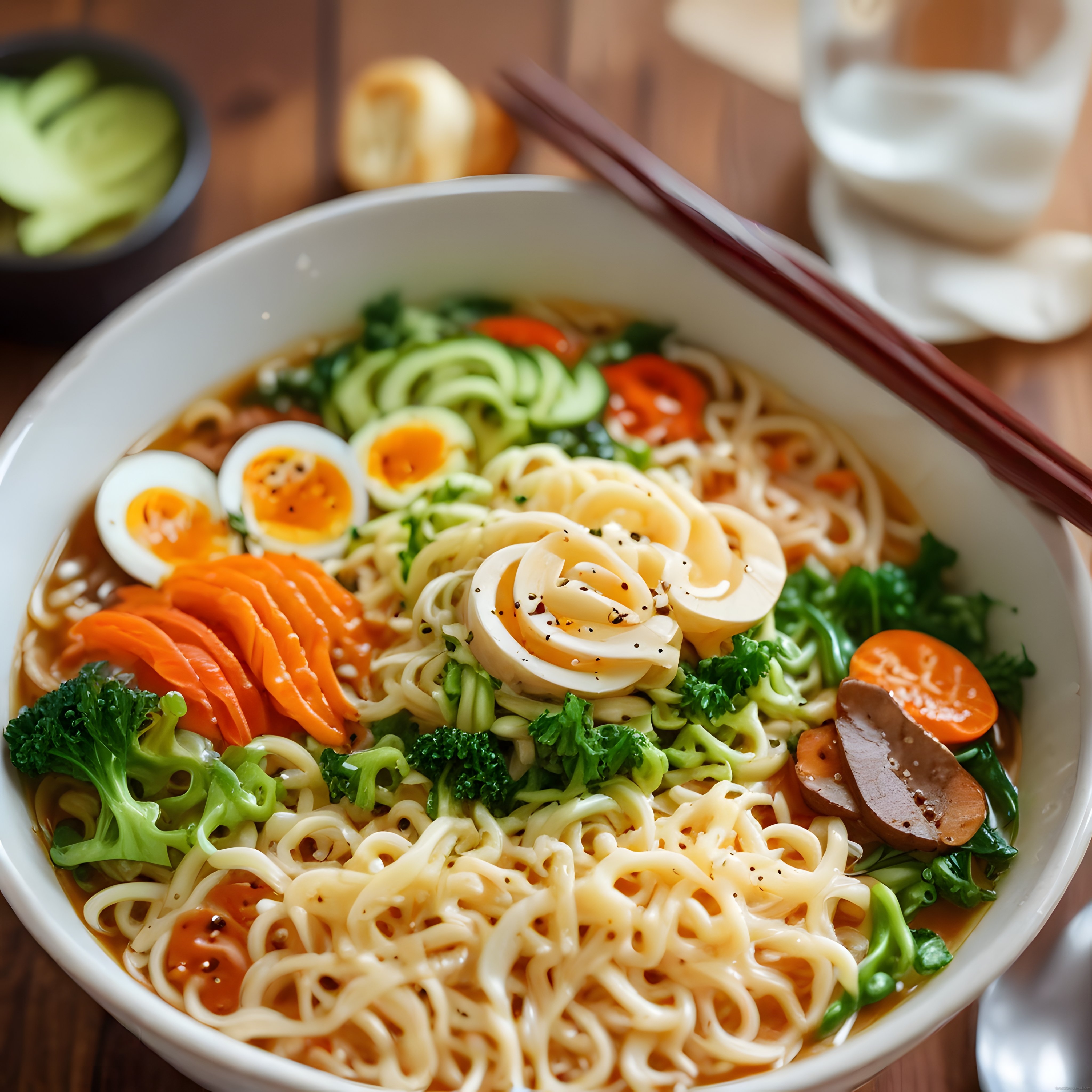 Ahşap Masada Taze Sebzeler ve Yumurtayla Süslenmiş Sıcak Ramen Kasesi