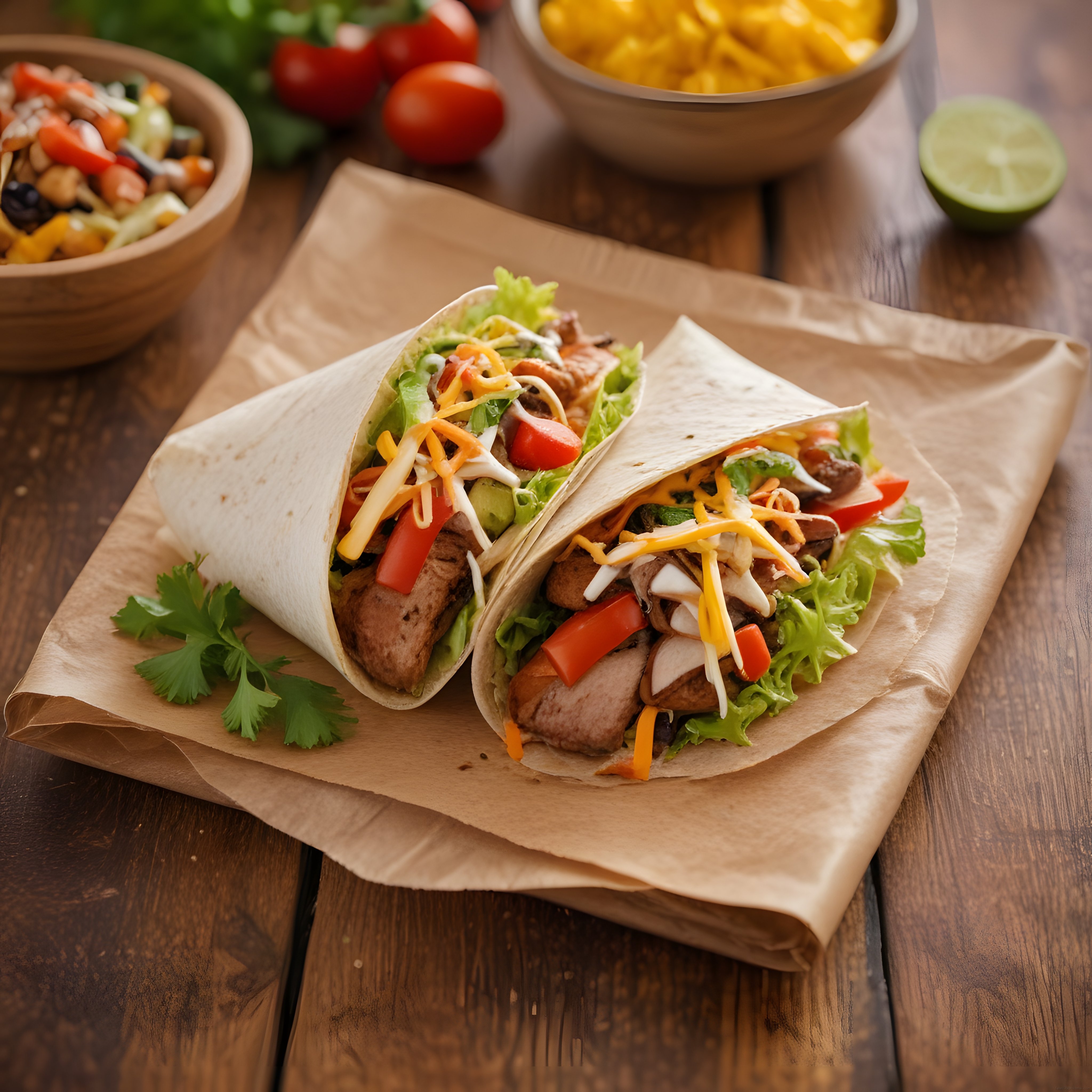 Ahşap Masada Taze Sebzelerle Dolu Meksika Tarzı Tavuklu Tortilla Wrap Sunumu