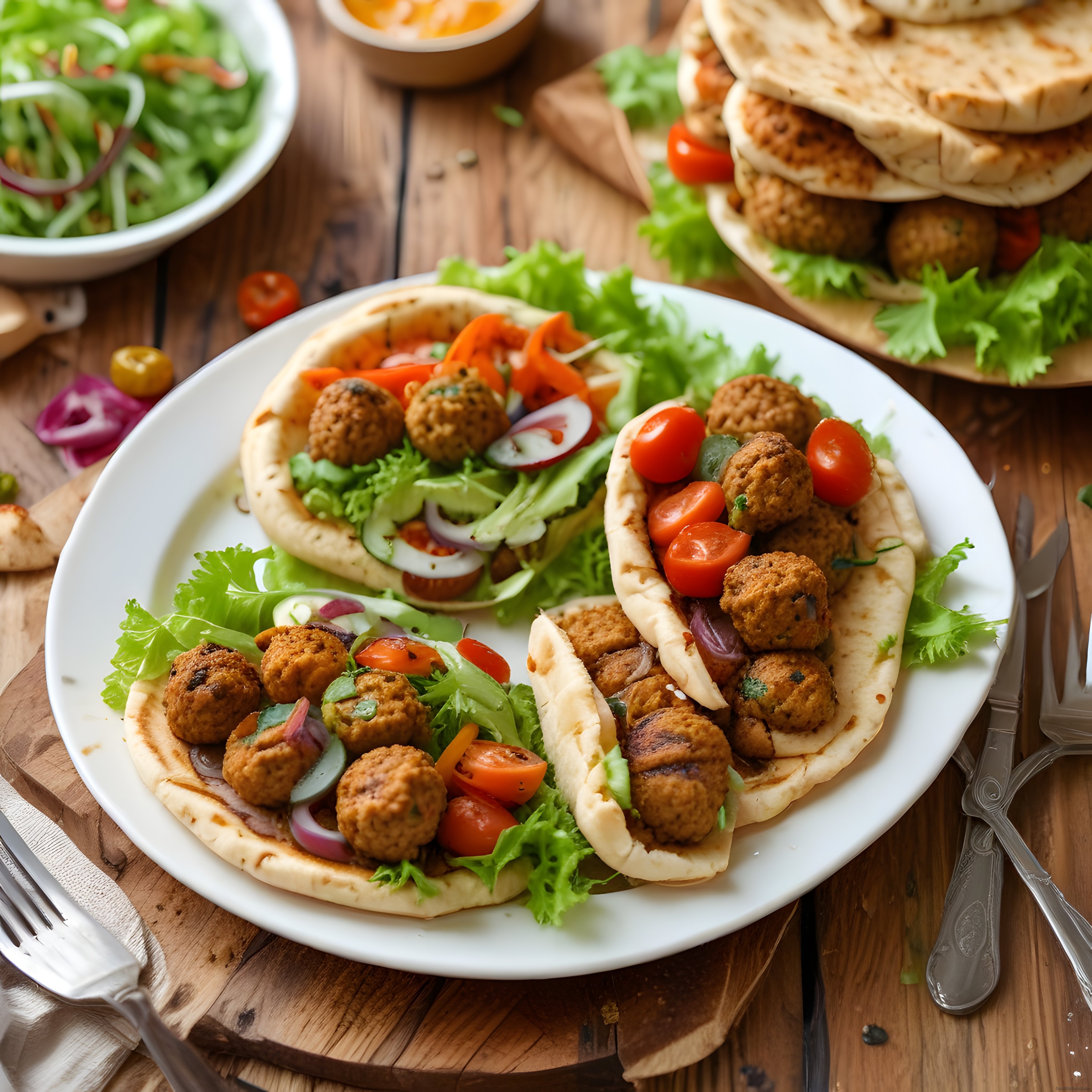 Ahşap Masada Taze Sebzelerle Sunulmuş Nefis Falafel Piteler