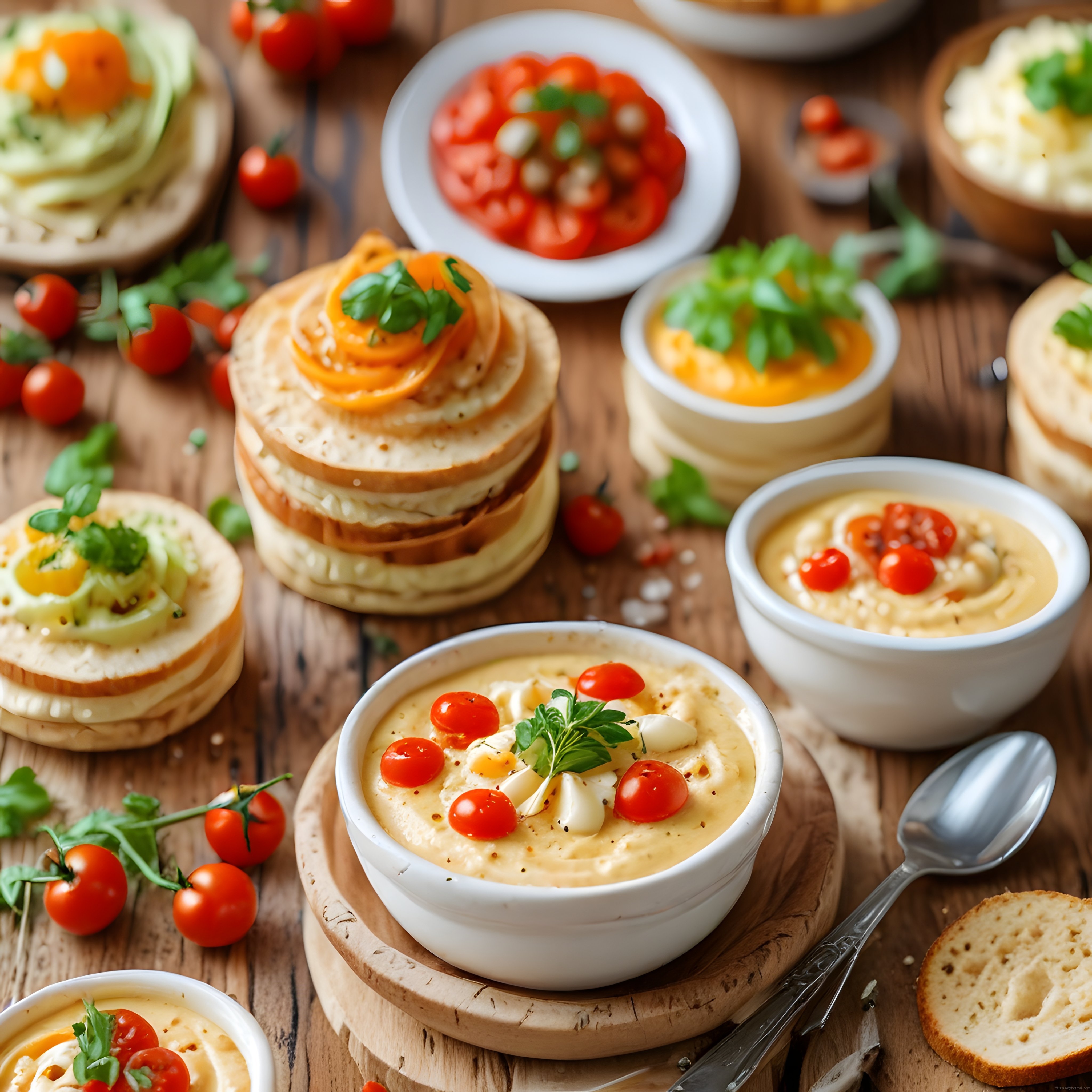 Ahşap Masada Taze Sebzelerle Süslenmiş Kahvaltılık Tost ve Ezme Çeşitleri