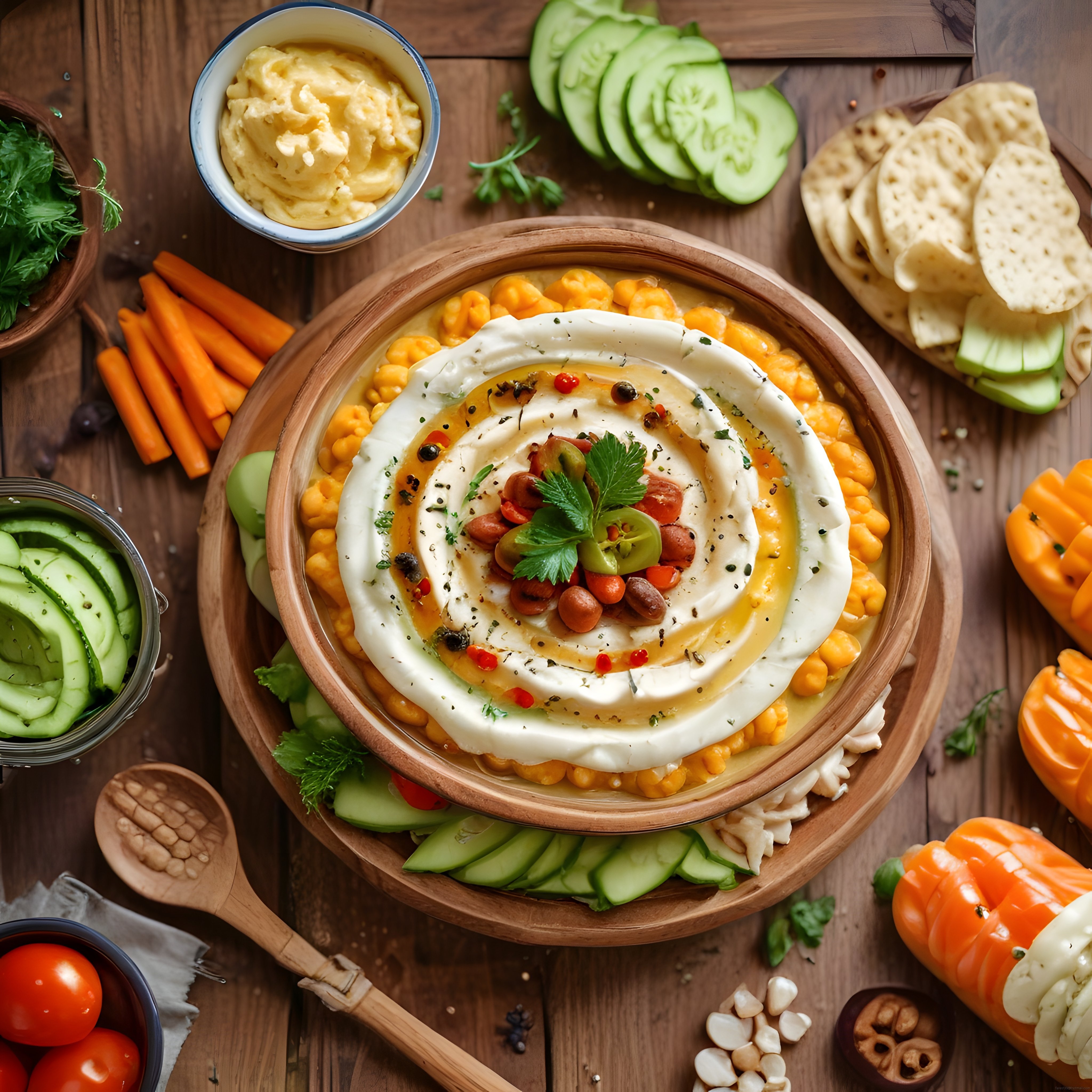 Ahşap Masada Taze Sebzelerle Süslenmiş Kremalı Meze ve Humus Sunumu