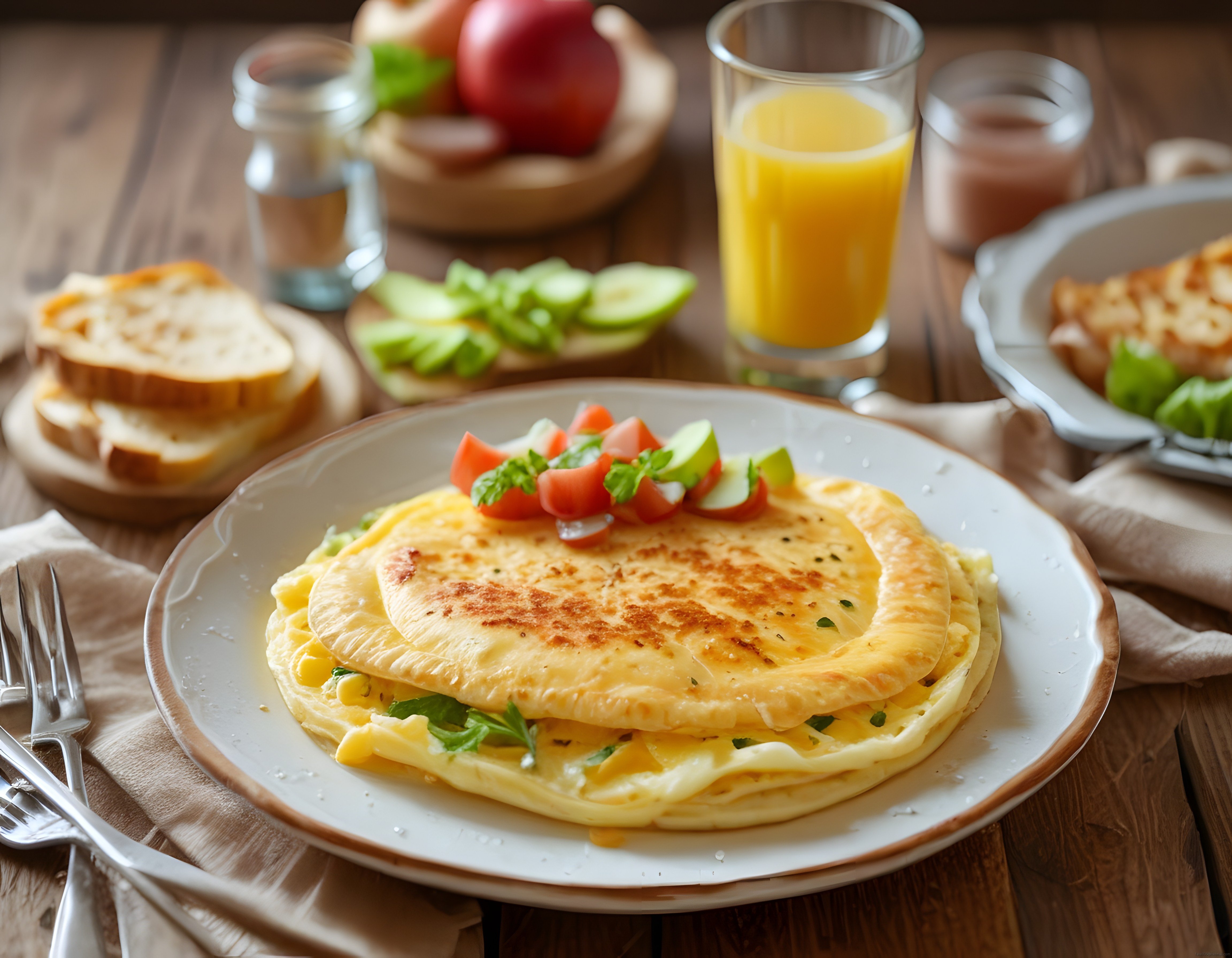 Ahşap Masada Taze Sebzelerle Süslenmiş Omlet ve Portakal Suyu Kahvaltısı