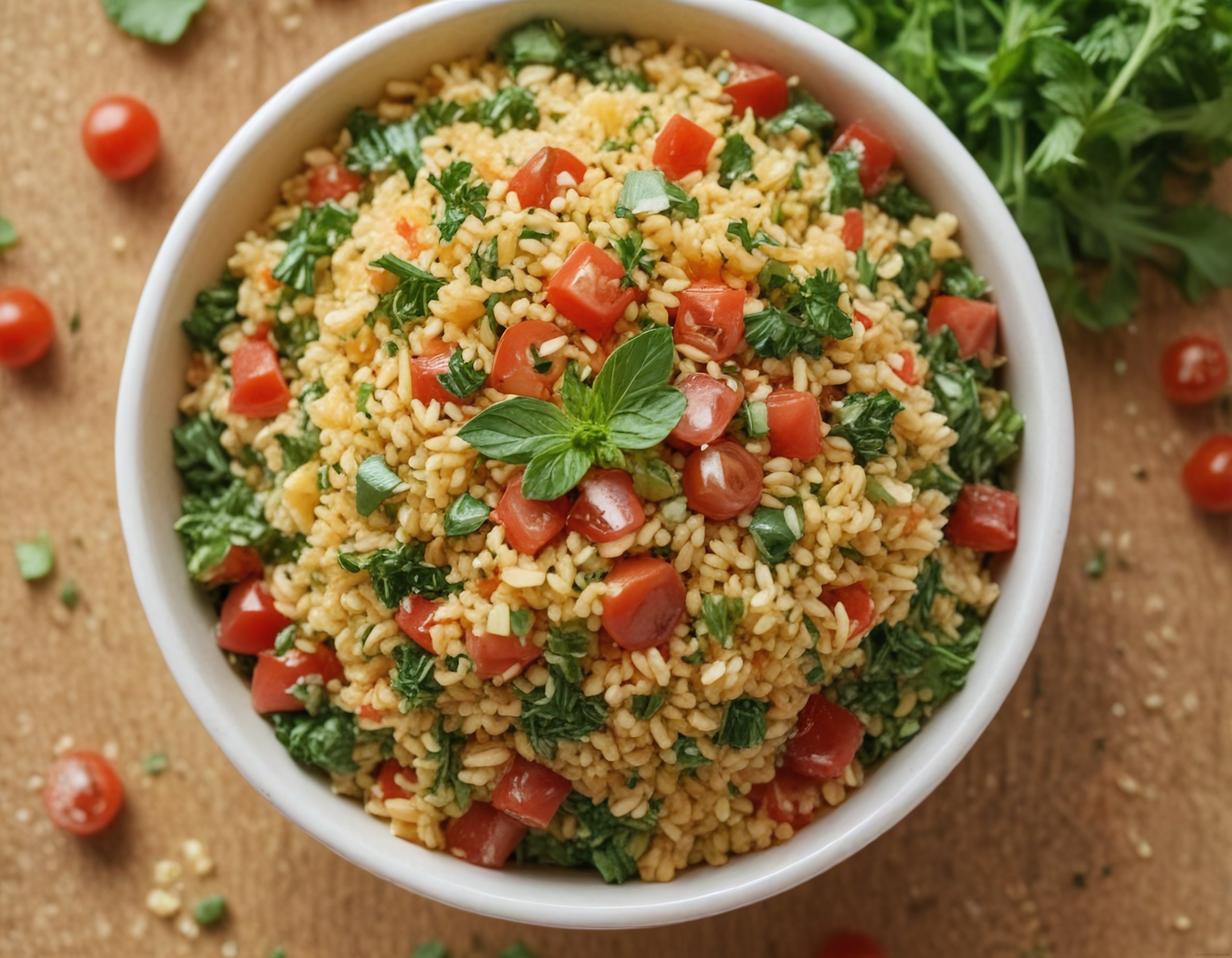 Ahşap Masada Taze Sebzelerle Süslenmiş Pratik Bulgur Salatası Tarifi
