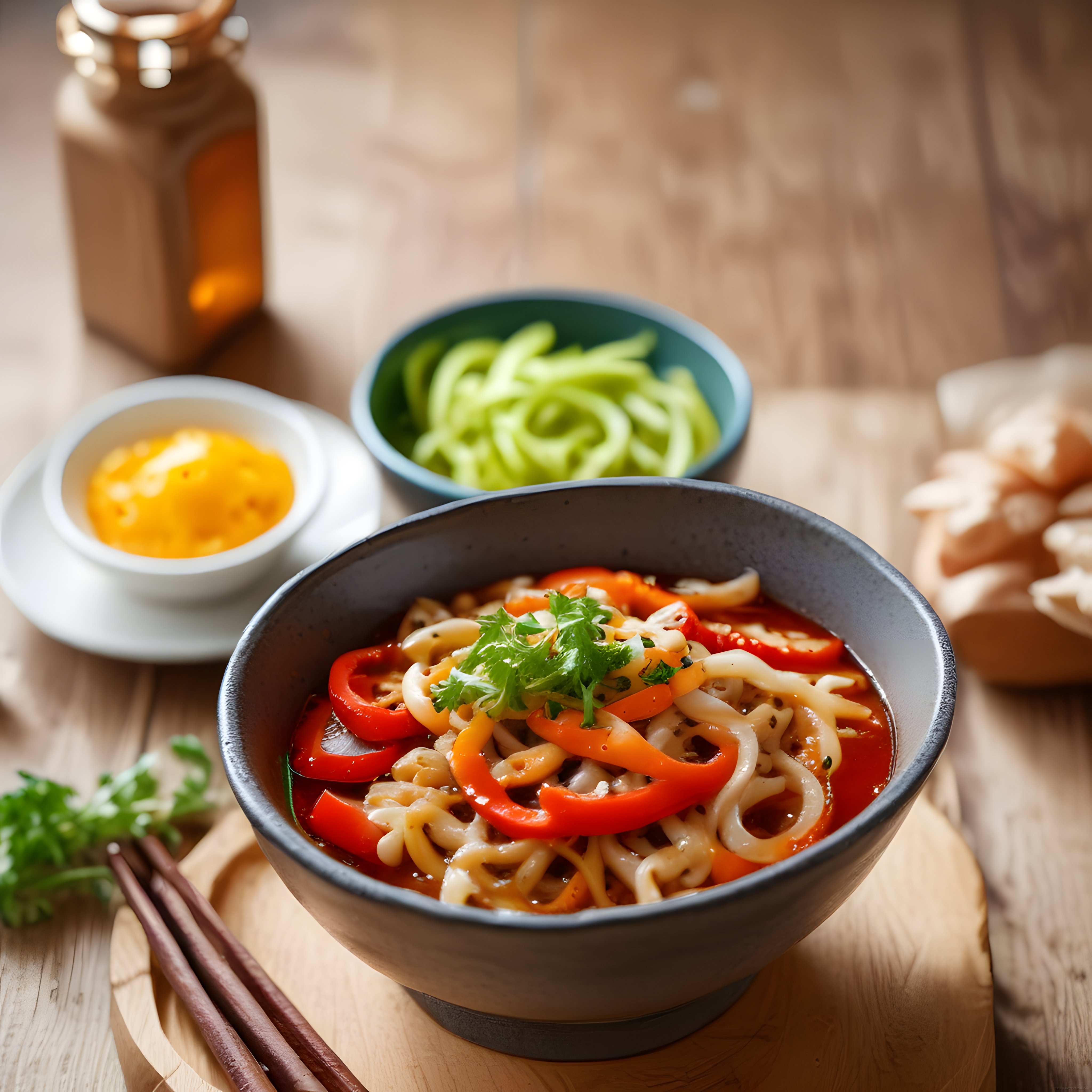 Ahşap Masada Taze Sebzelerle Süslenmiş Sıcak Asya Noodle Kasesi