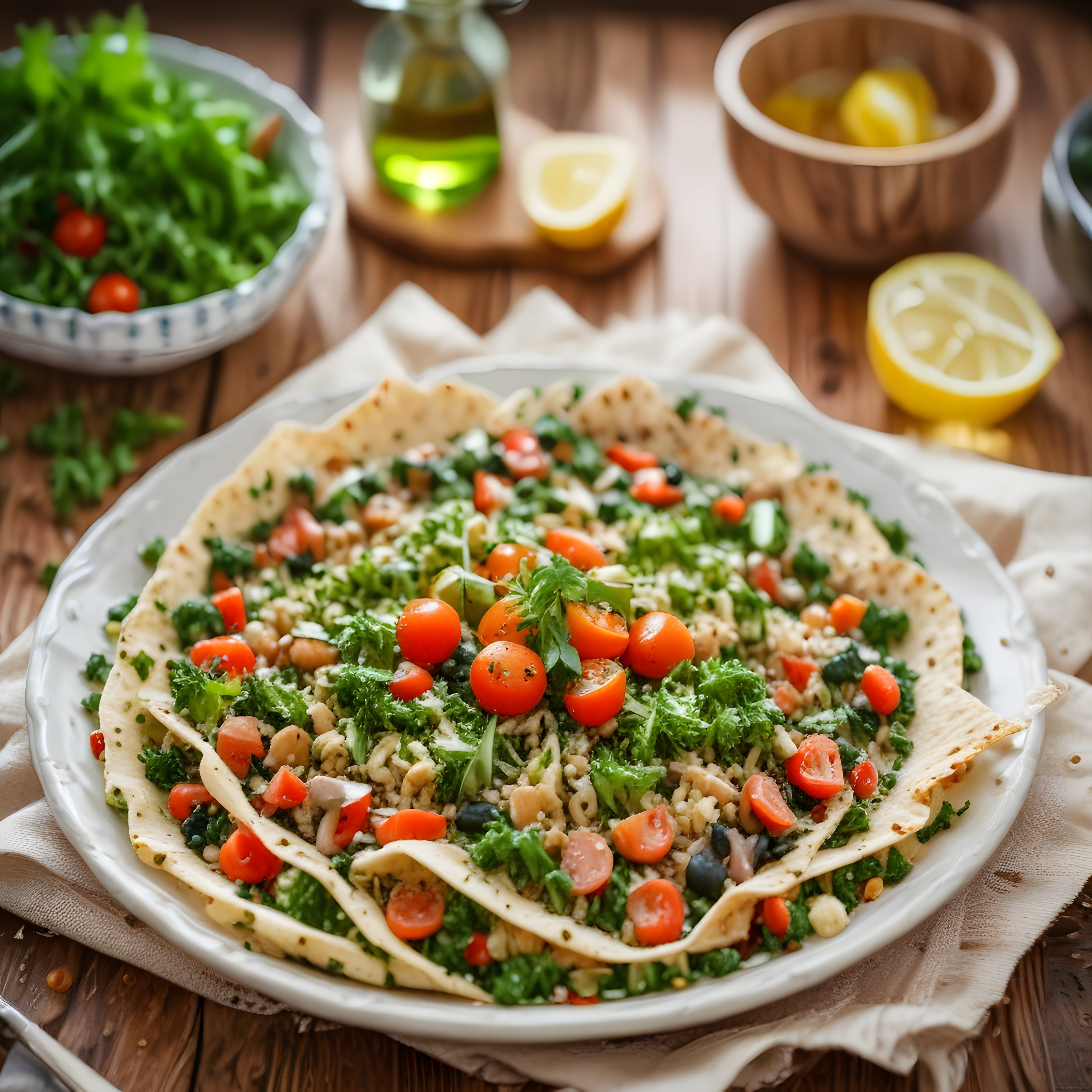 Ahşap Masada Taze Sebzeli Bulgur Salatası ve Lavaş ile Sağlıklı Sunum