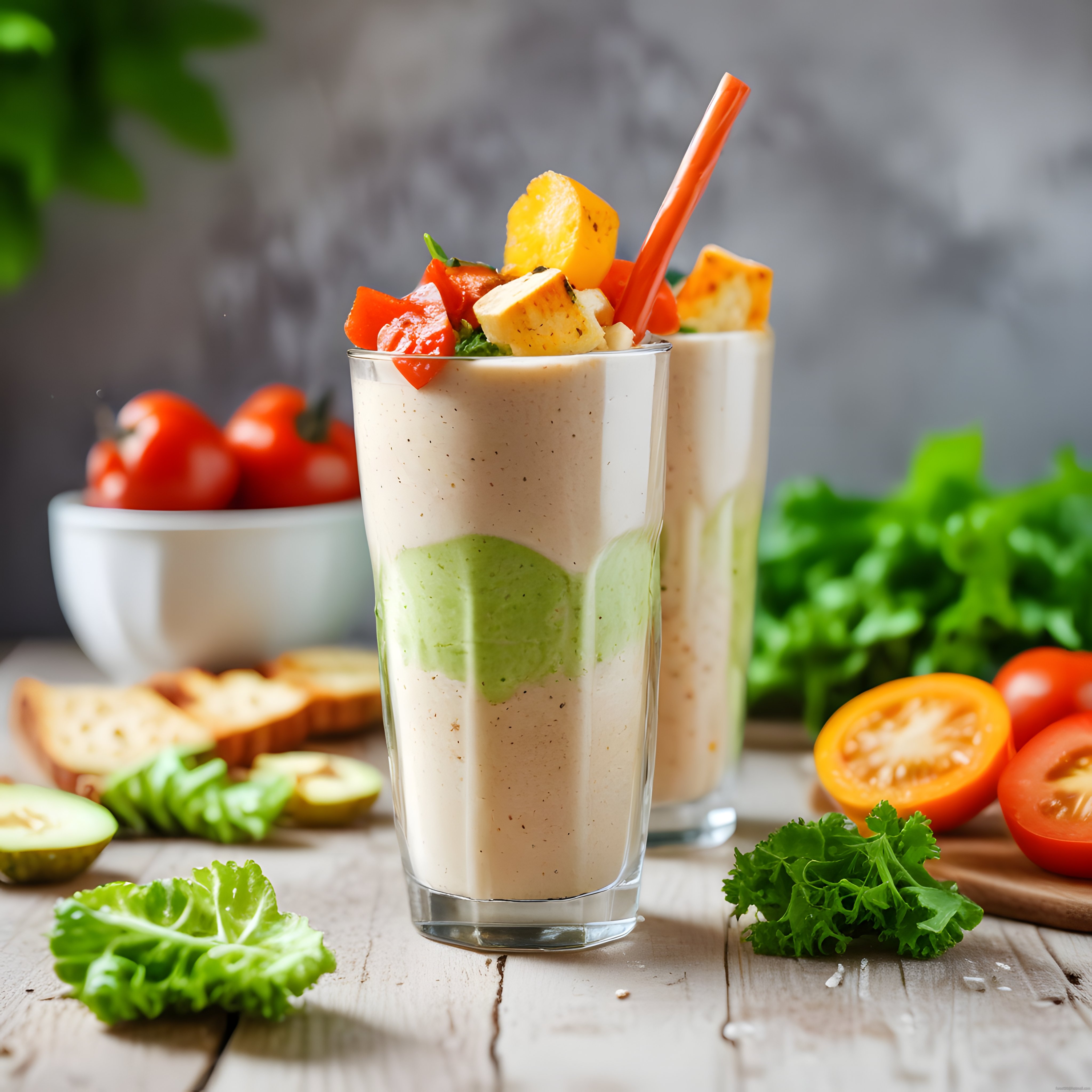 Ahşap Masada Taze Sebzeli Kremalı Smoothie ve Pratik Kahvaltı Fikri