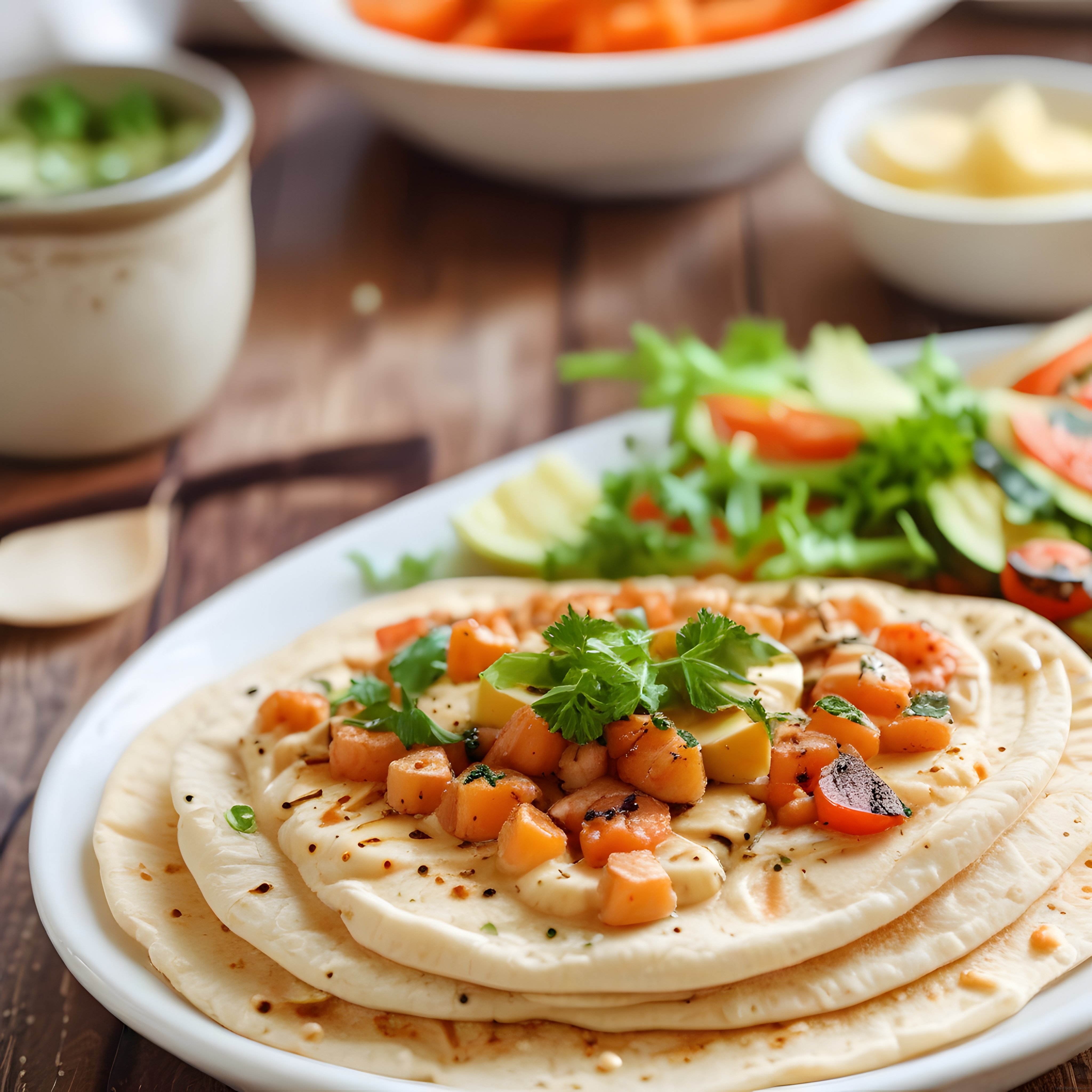 Ahşap Masada Taze Sebzeli ve Hellimli Tortilla: Sağlıklı Ev Yemeği Sunumu