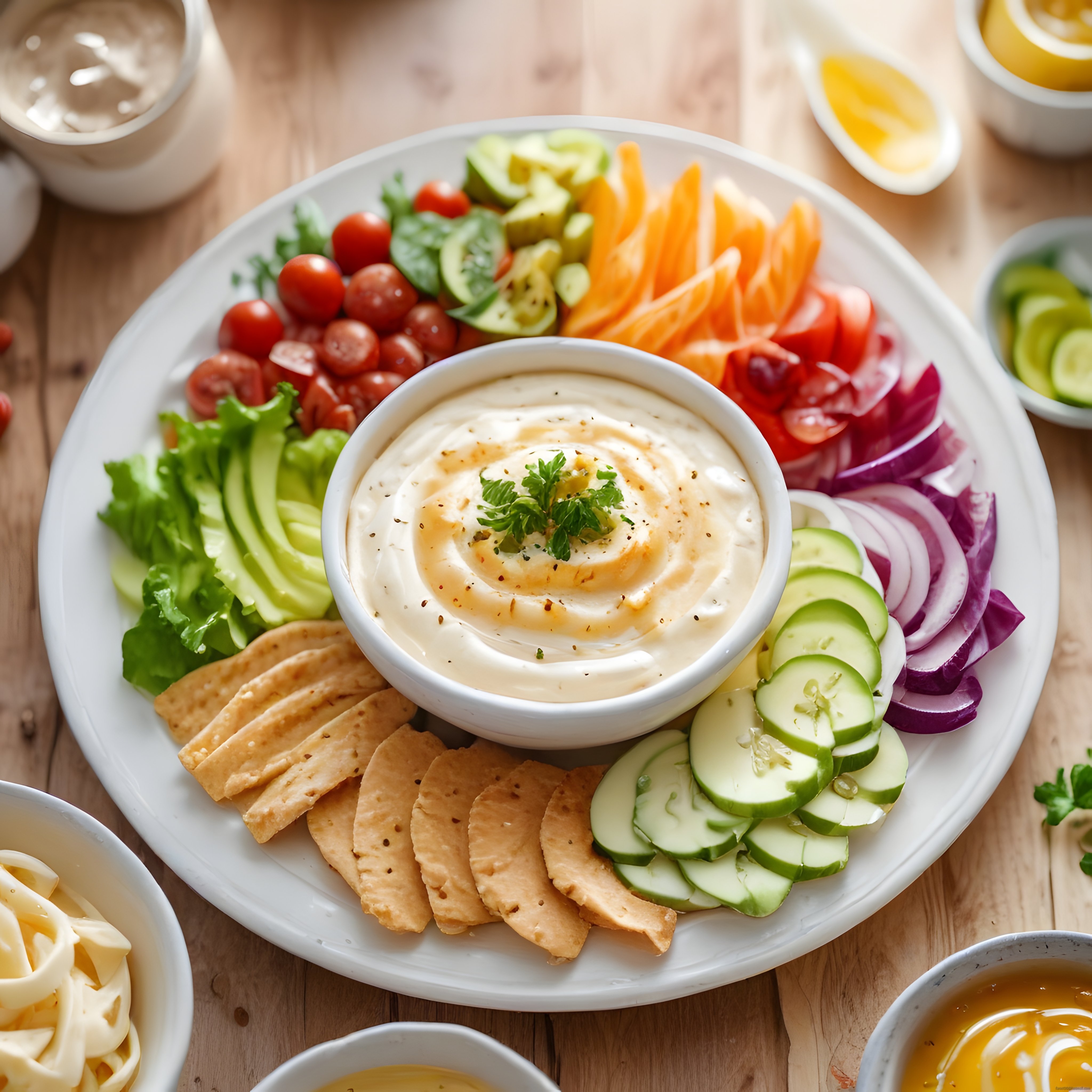Ahşap Masada Taze Sebzeli ve Kremalı Dip Soslu Sağlıklı Meze Tabağı Sunumu