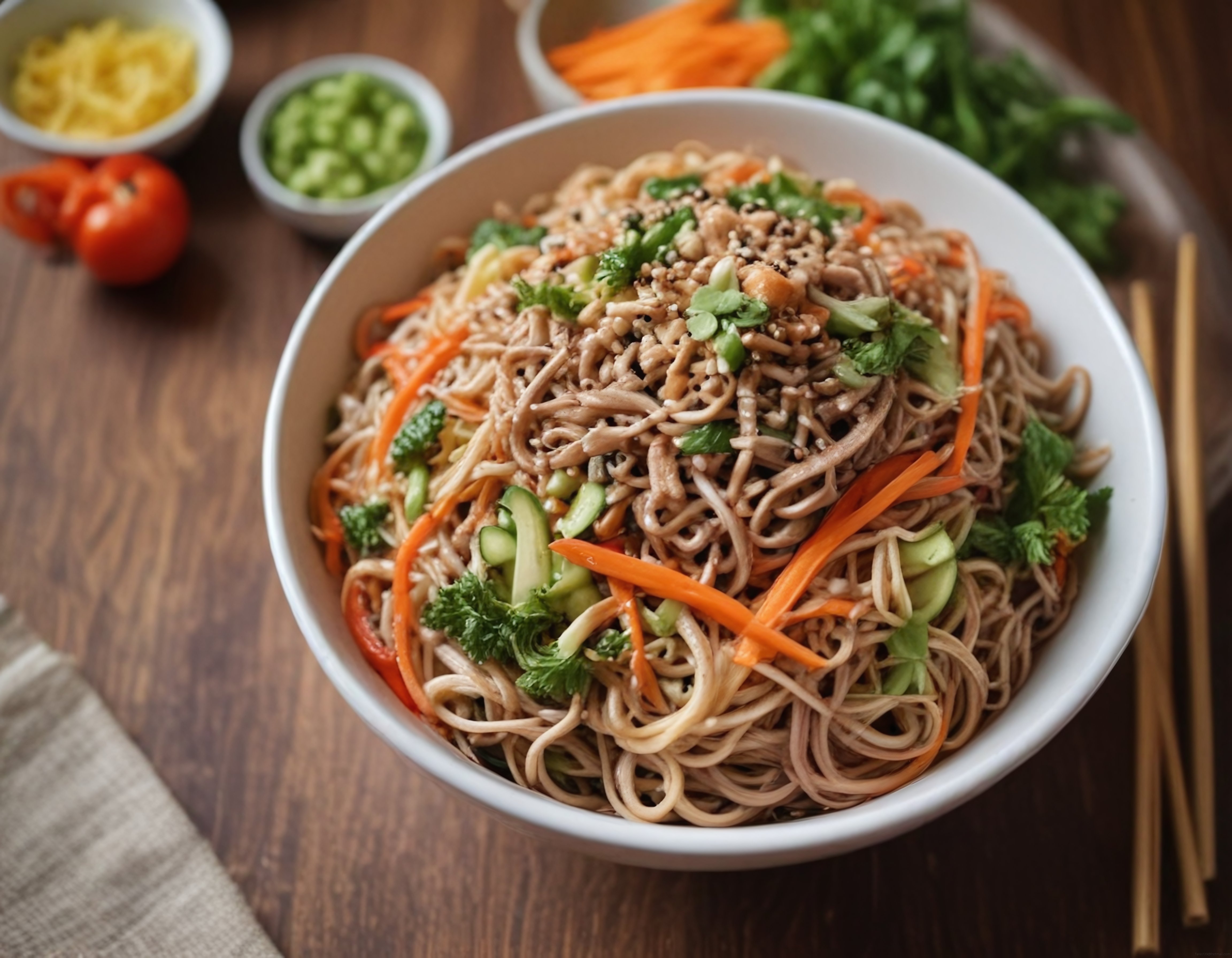 Ahşap Masada Taze Sebzeli ve Susamlı Asya Noodle Salatası Kasesi