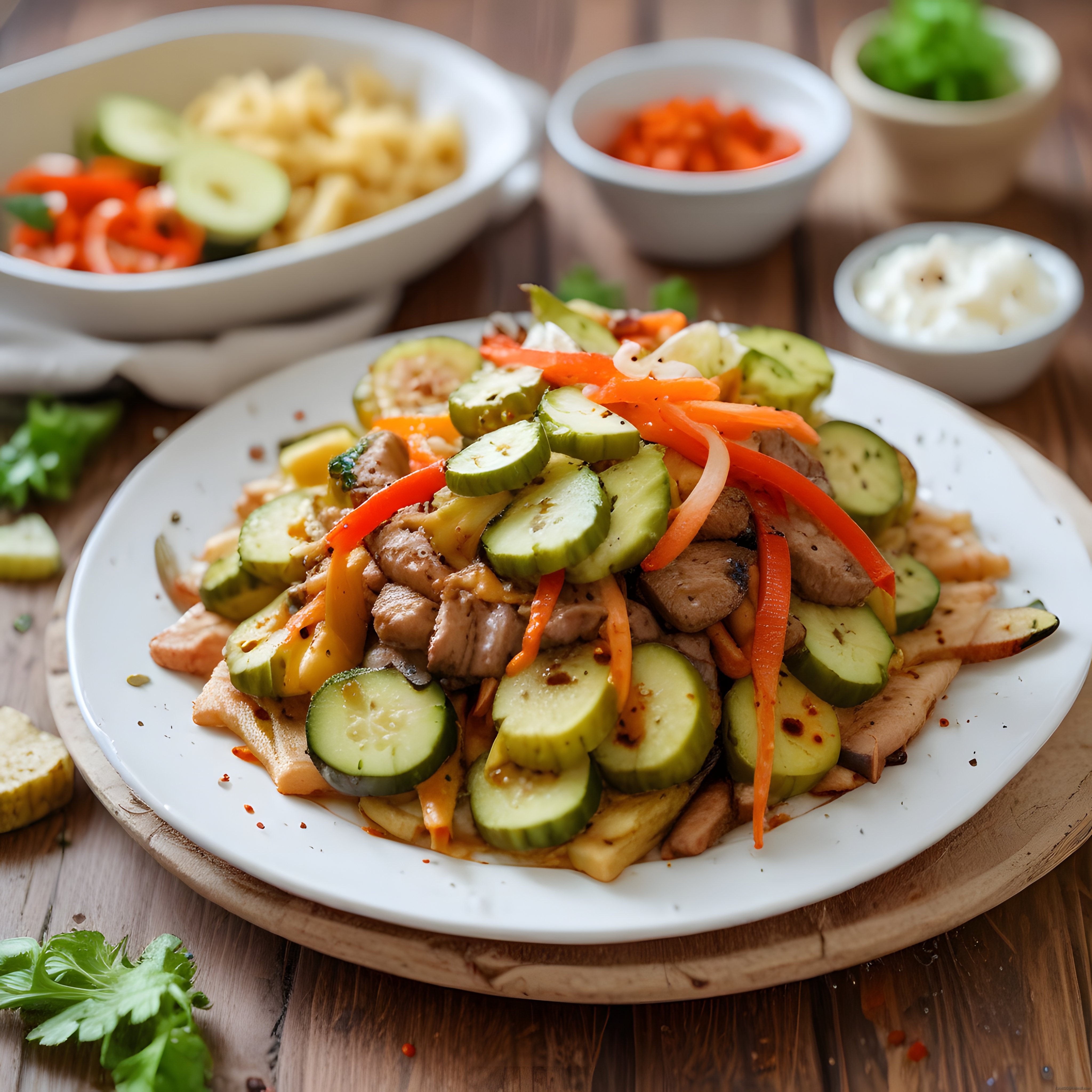 Ahşap Masada Taze Sebzeli ve Tavuklu Ev Yapımı Sağlıklı Salata Sunumu
