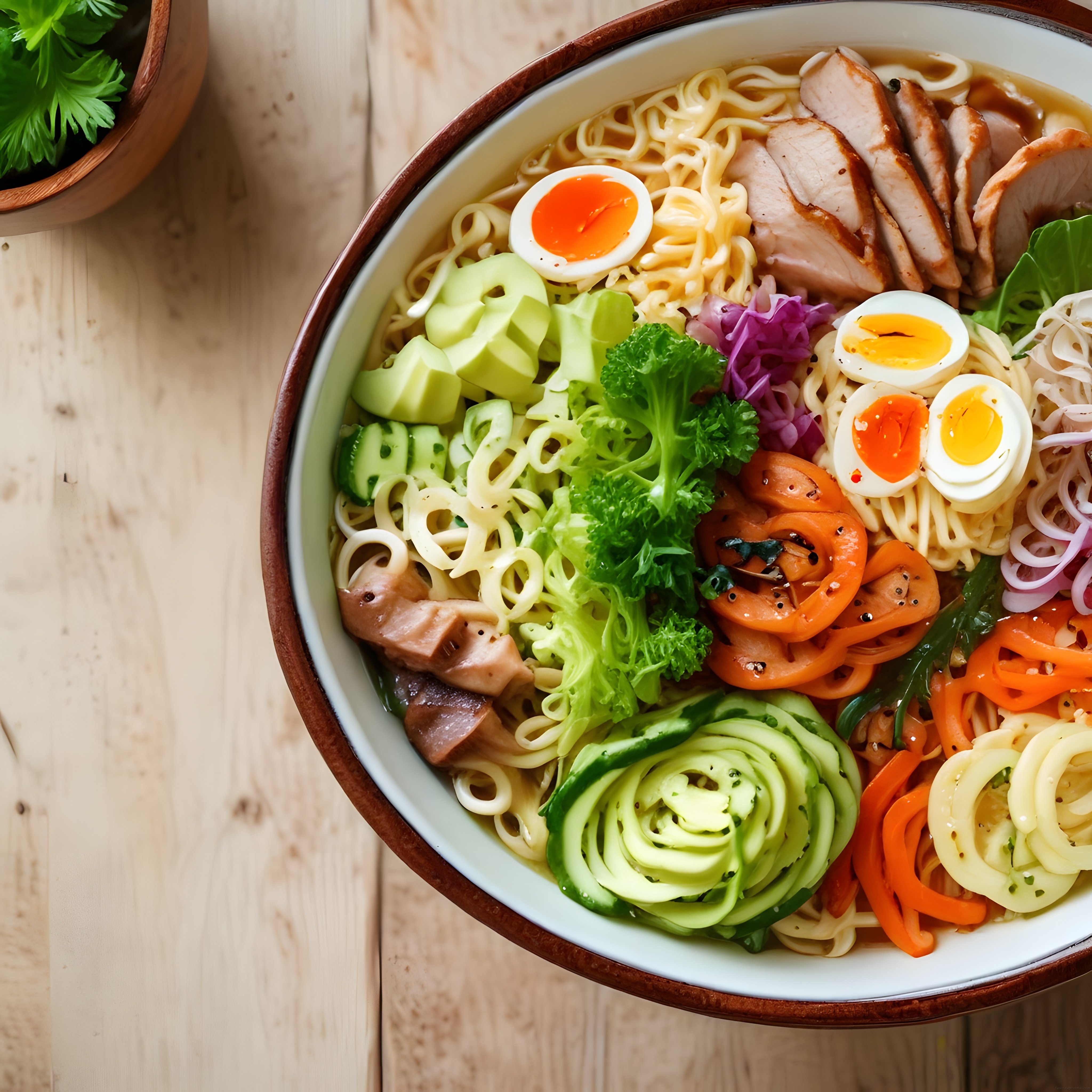 Ahşap Masada Taze Sebzeli ve Tavuklu Renkli Noodle Kasesi Sunumu