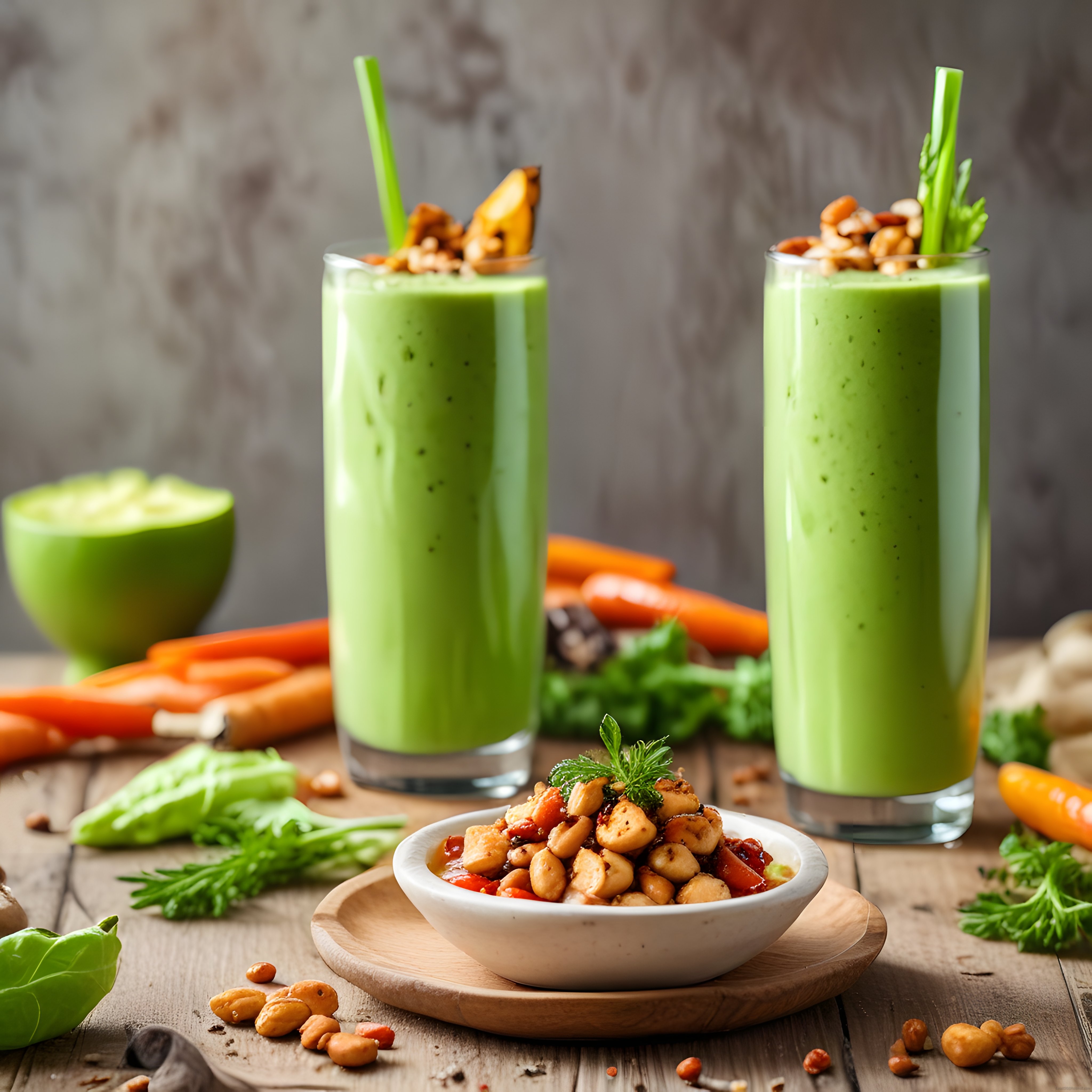 Ahşap Masada Taze Sebzeli Yeşil Smoothie ve Sağlıklı Atıştırmalık Sunumu