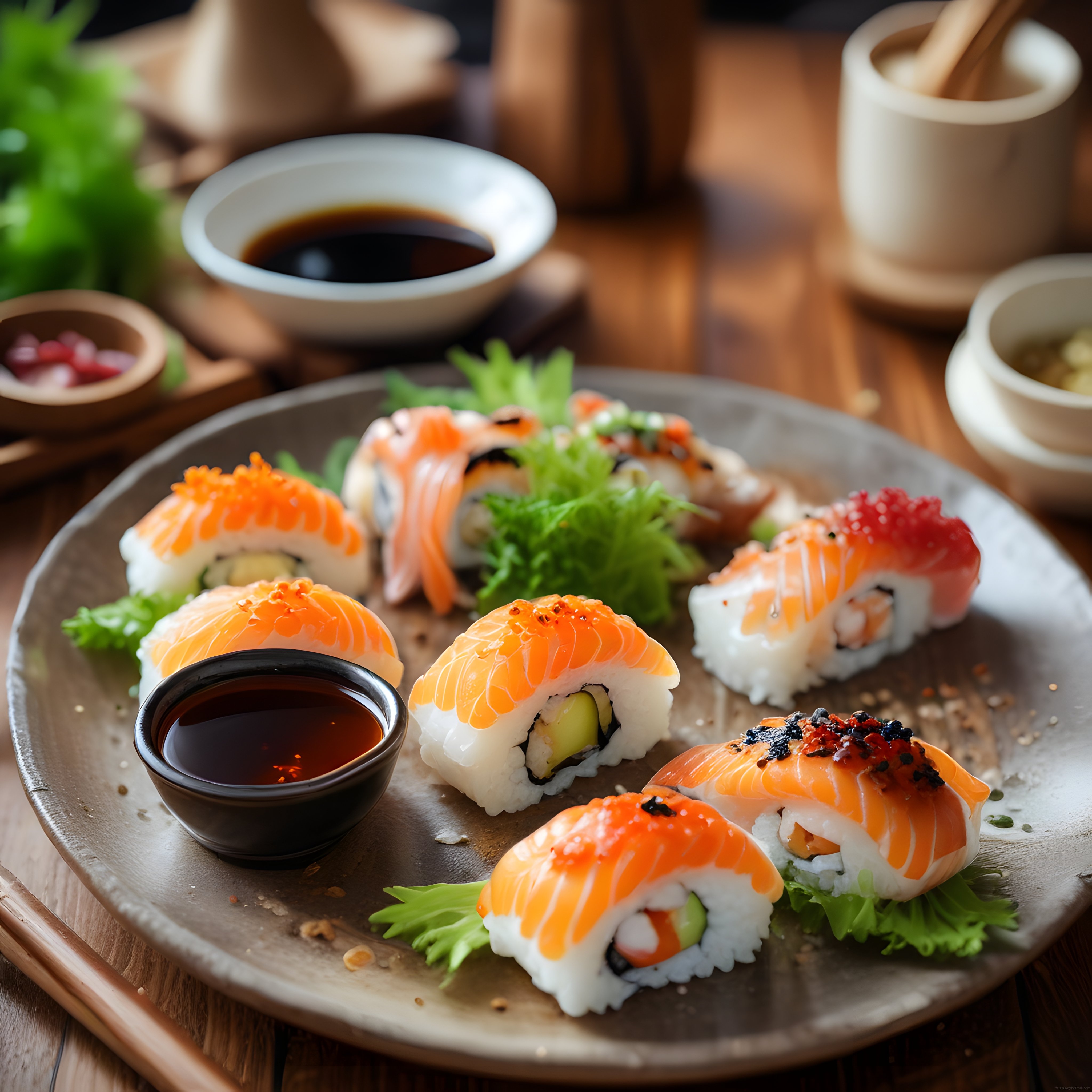Ahşap Masada Taze Somonlu Sushi Çeşitleriyle Şık Japon Sunumu