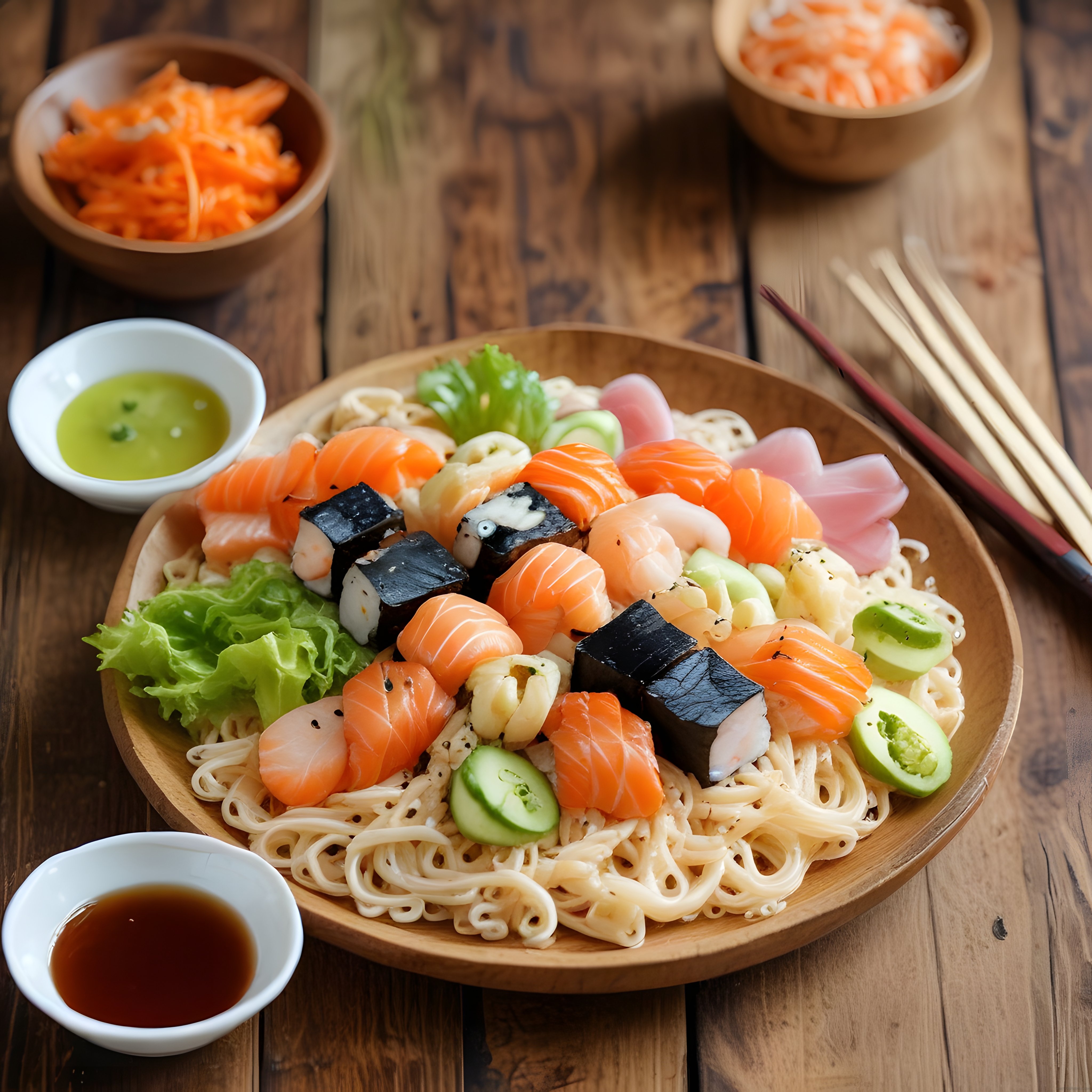 Ahşap Masada Taze Somonlu ve Karidesli Japon Sushi Kasesi Sunumu