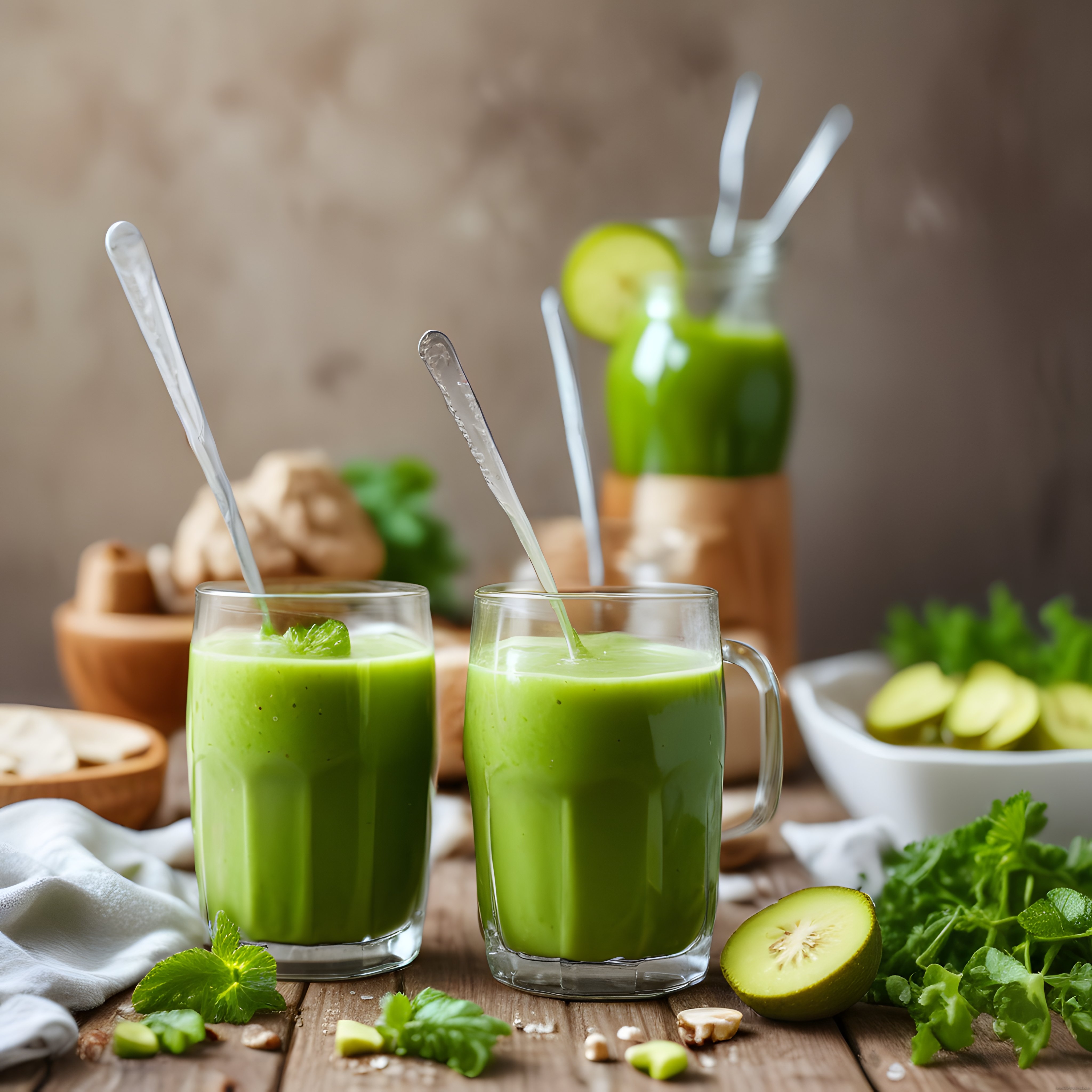 Ahşap Masada Taze Yeşil Detoks Suyu ve Sağlıklı Smoothie Sunumu