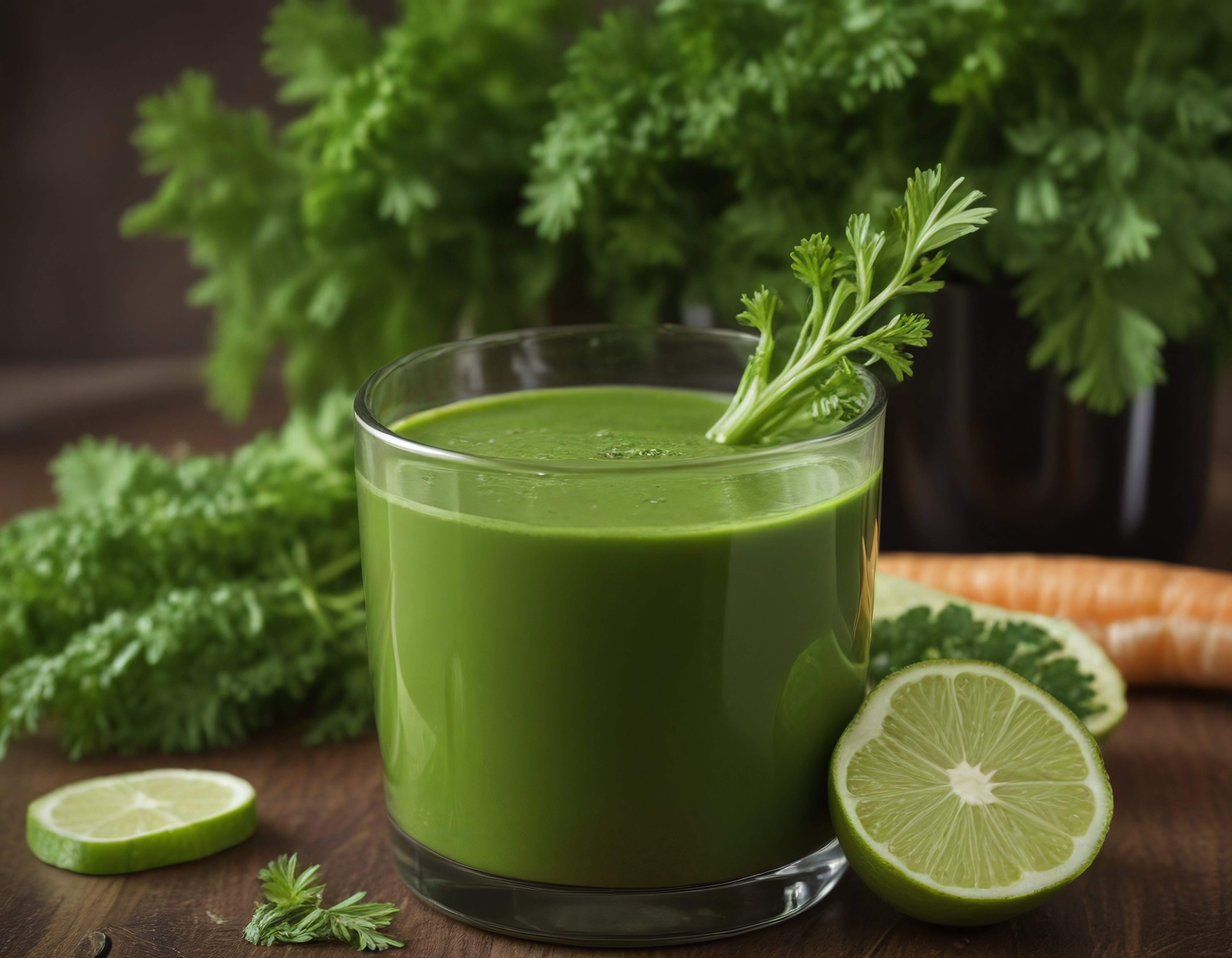 Ahşap Masada Taze Yeşil Smoothie: Limonlu ve Otlu Detoks İçeceği