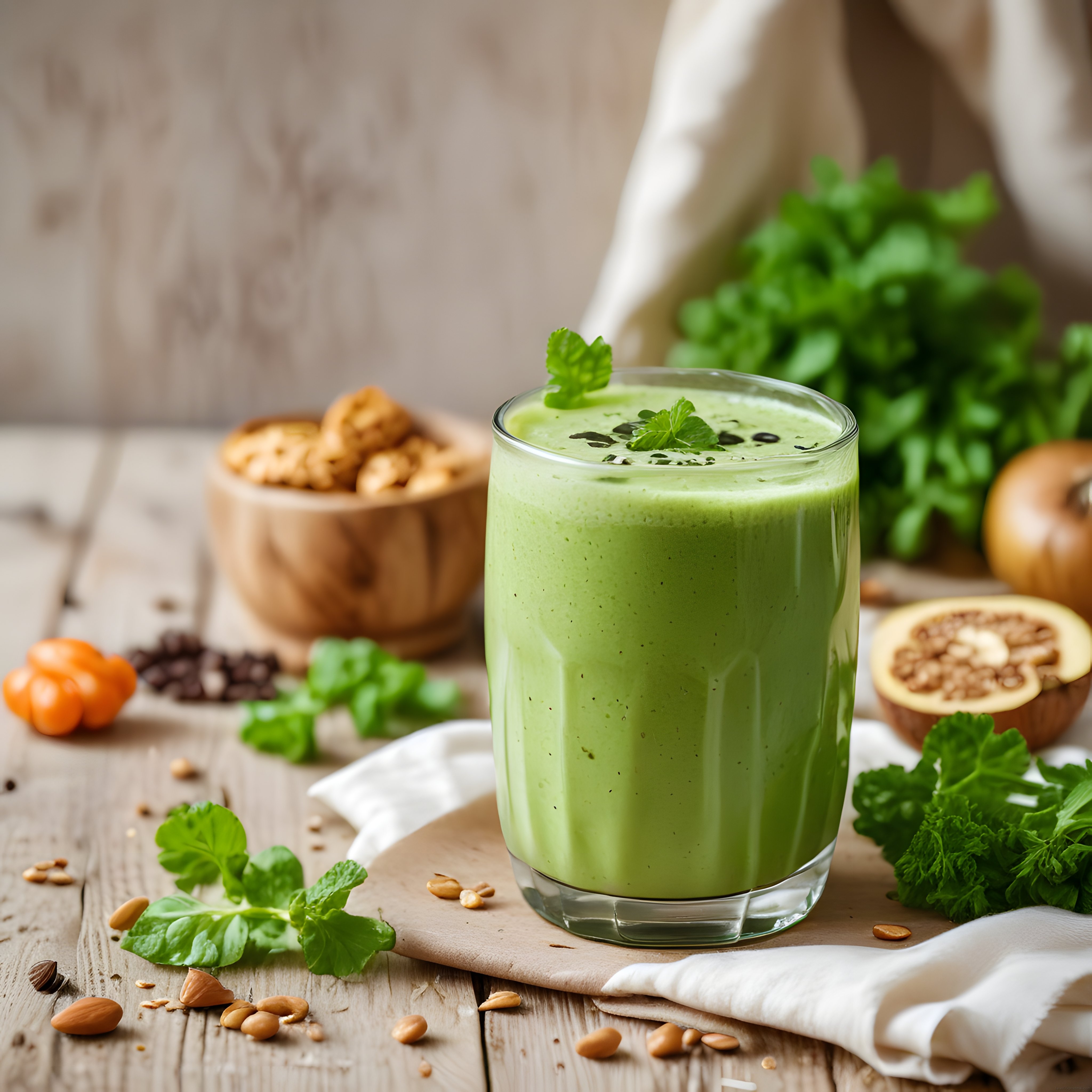 Ahşap Masada Taze Yeşil Smoothie: Sağlıklı ve Lezzetli Detoks İçeceği