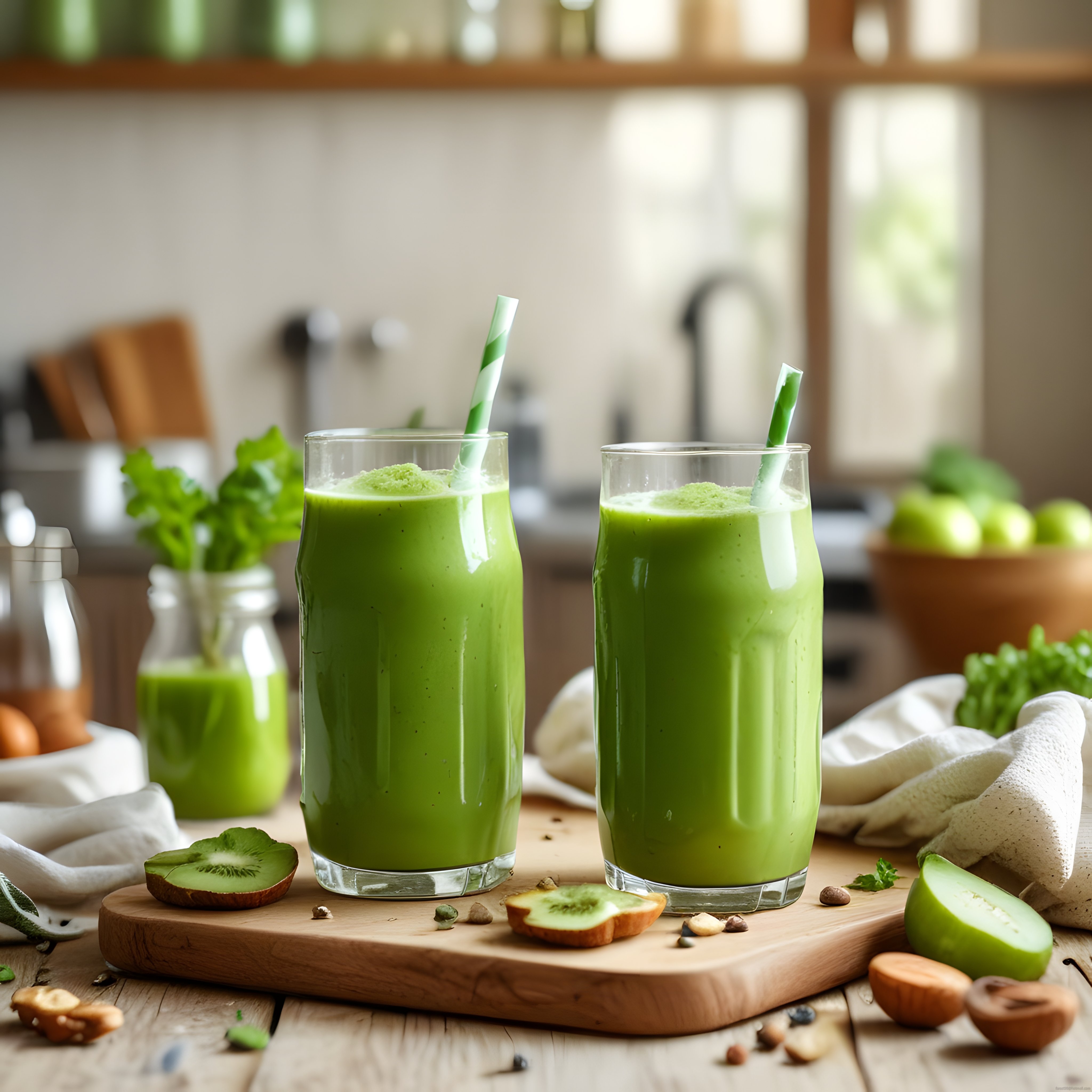 Ahşap Masada Taze Yeşil Smoothie ve Kivi ile Sağlıklı Kahvaltı